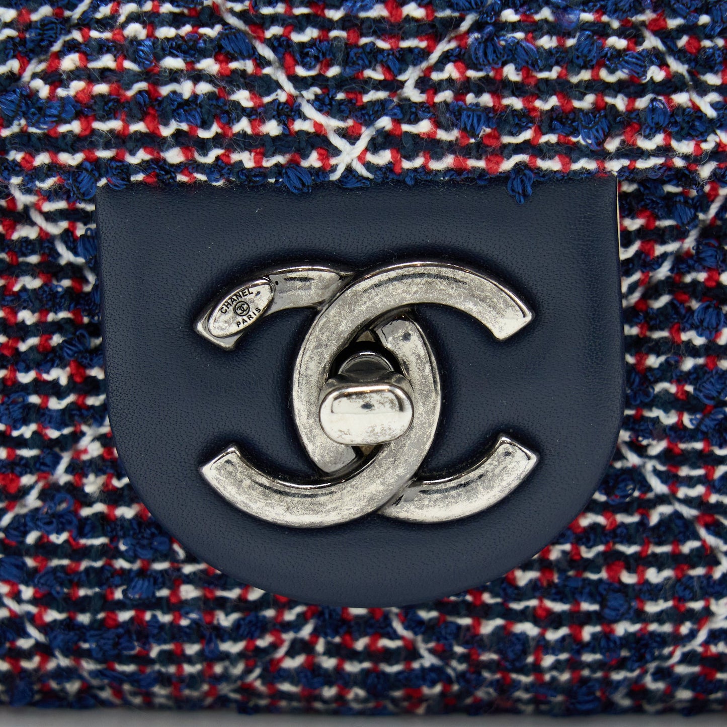 Chanel Seasonal Mini Rectangular Flap Bag Tweed Blue/ Red/ White Ruthenium Hardware