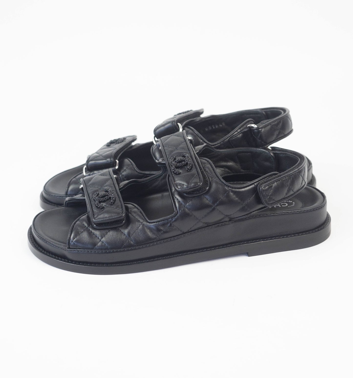 Chanel Leather Quilted Strap Sandals in Black