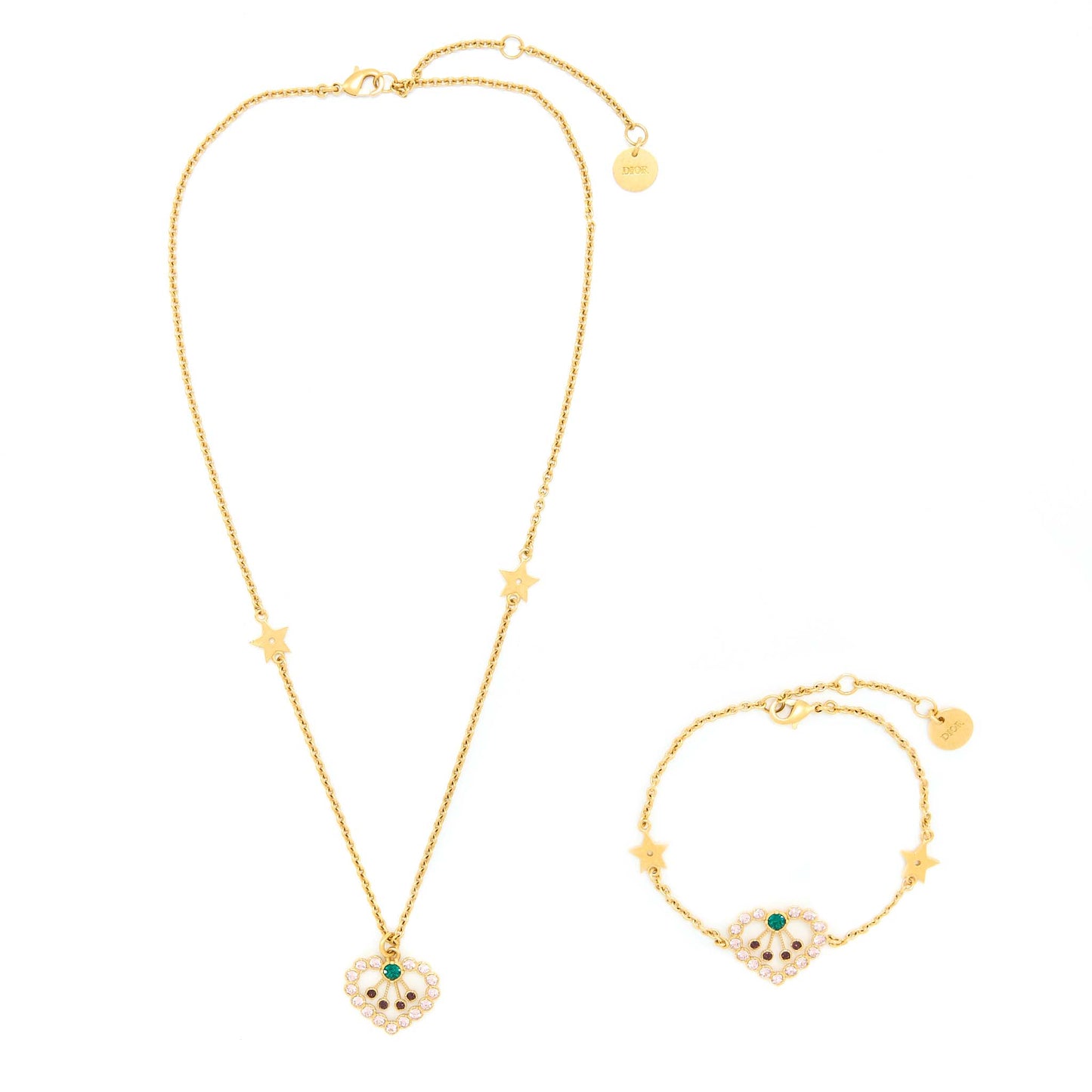 Luxury Dior Heart Necklace & Bracelet Multicolour Crystal Gold Tone (Sell in a Set )