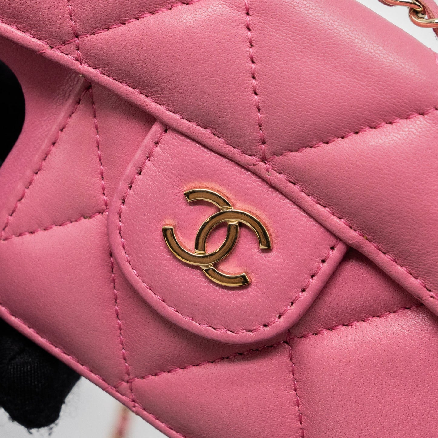 Chanel 21P pearl crush phone case with chain for iPhone 12 lambskin pink LGHW