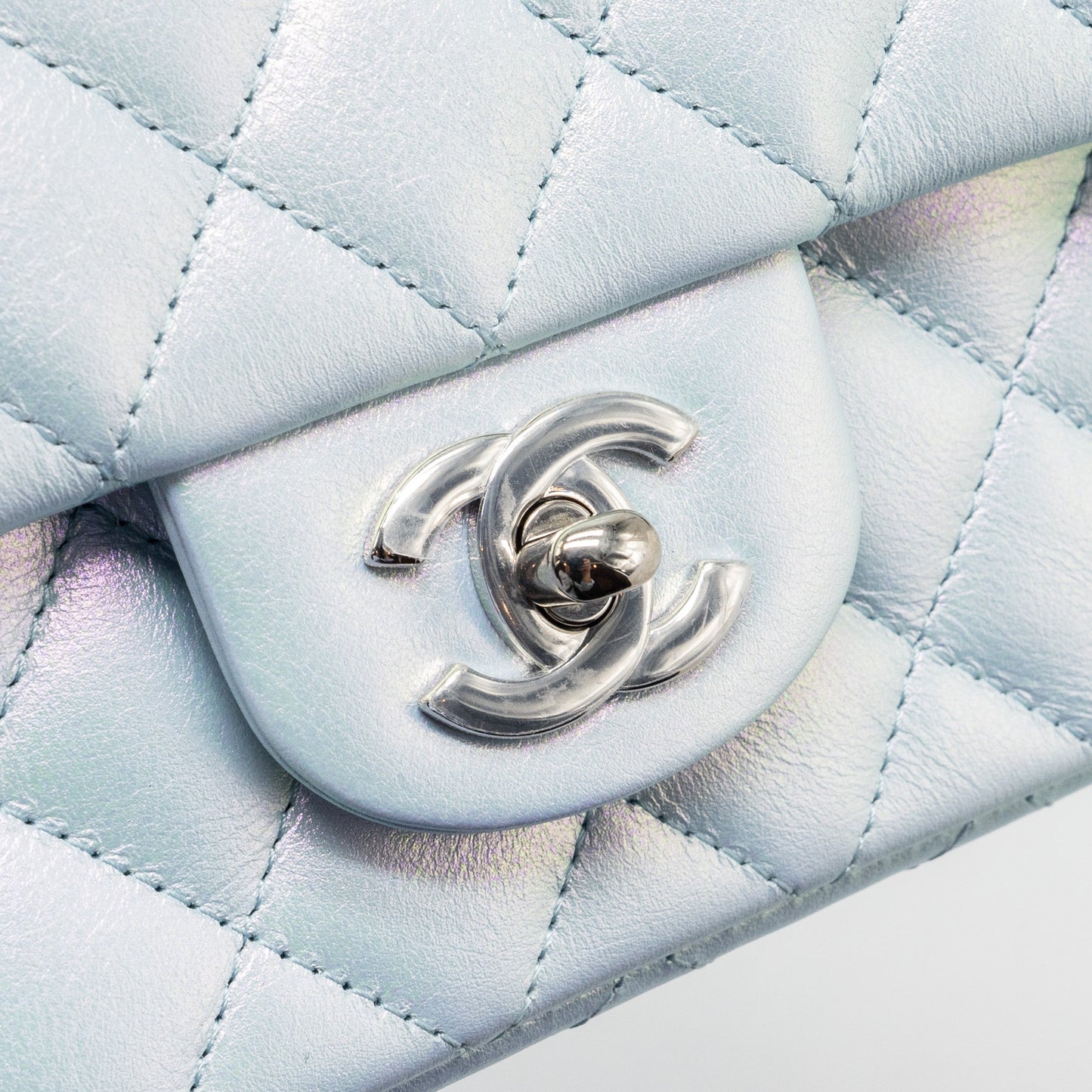 Chanel 21K mini rectangular flap bag calfskin iridescent light blue SHW (microchip)