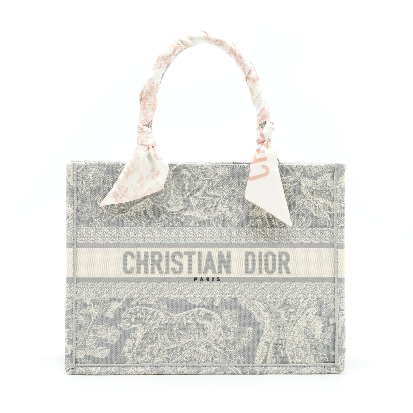 Luxury Dior Medium (Old Small) Book Tote Grey Toile De Jouy Reverse Embroidery With An Extra Twilly