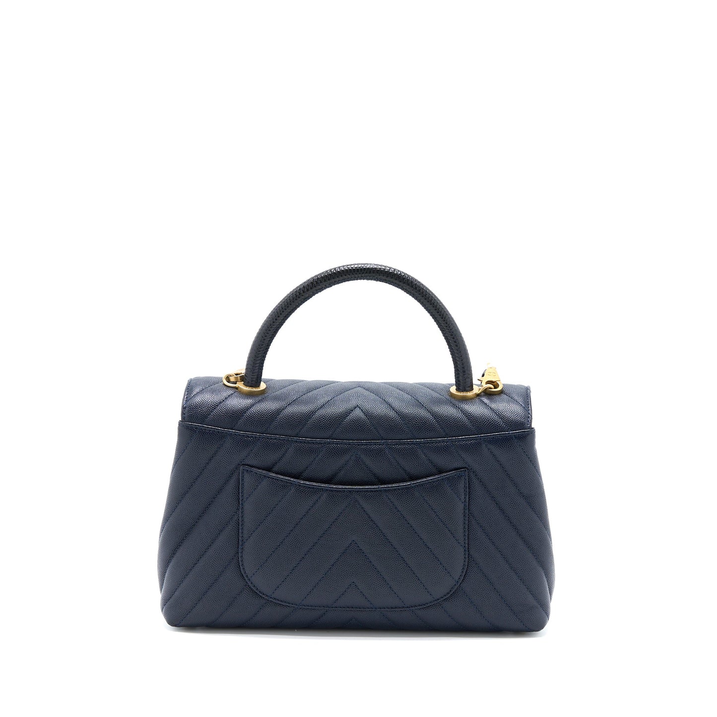 Chanel Medium Chevron Coco Handle Bag Caviar with Lizard Handle Navy Brushed GHW
