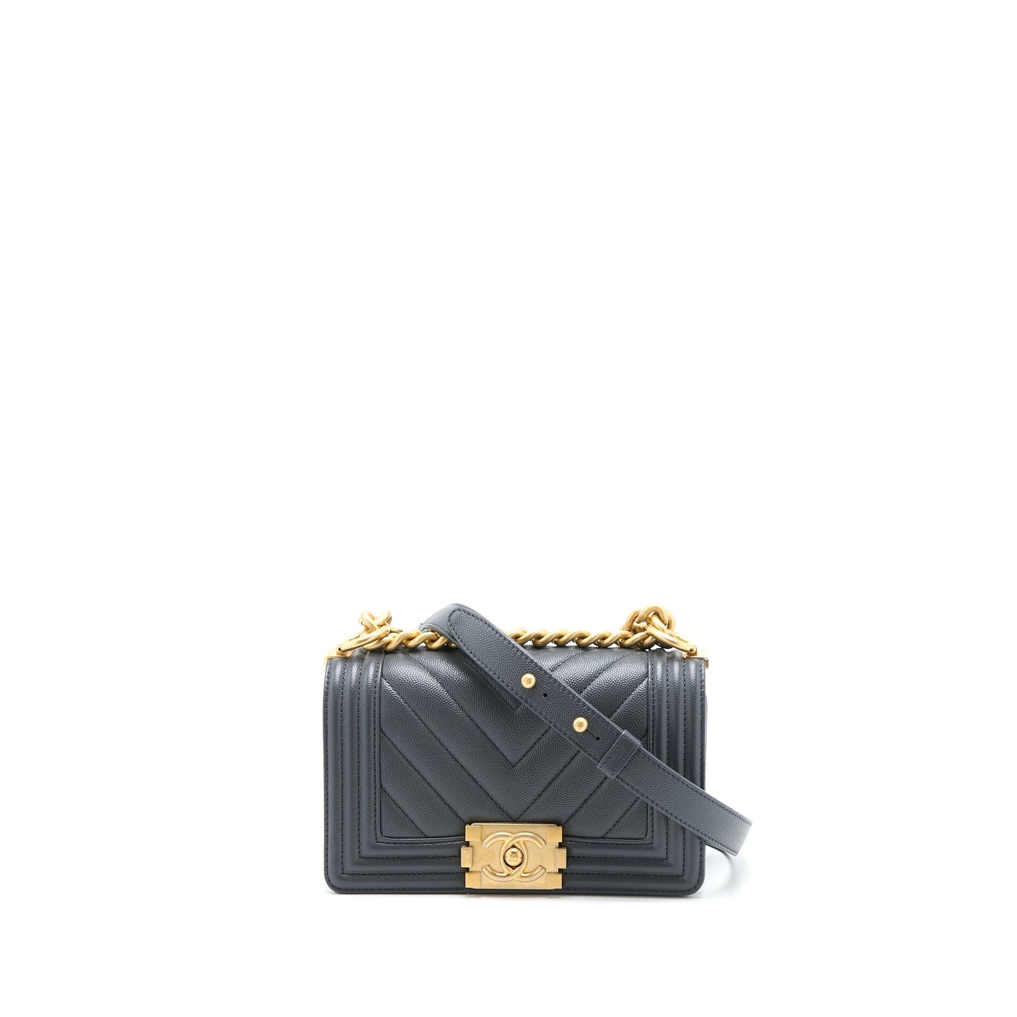 Chanel Small Boy Bag Chevron Caviar Dark Grey Brushed GHW (Microchip)