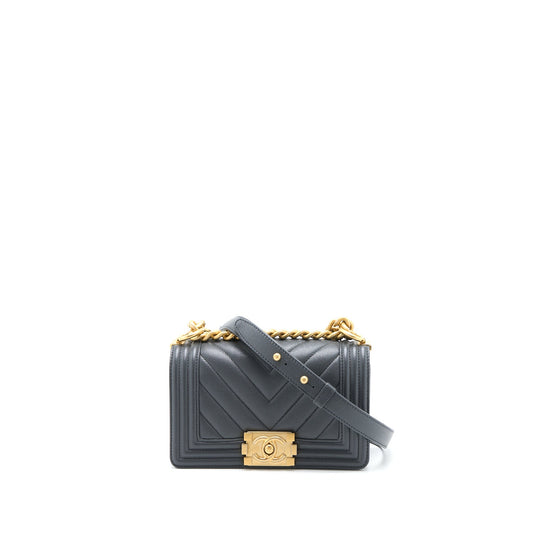 Chanel Small Boy Bag Chevron Caviar Dark Grey Brushed GHW (Microchip)