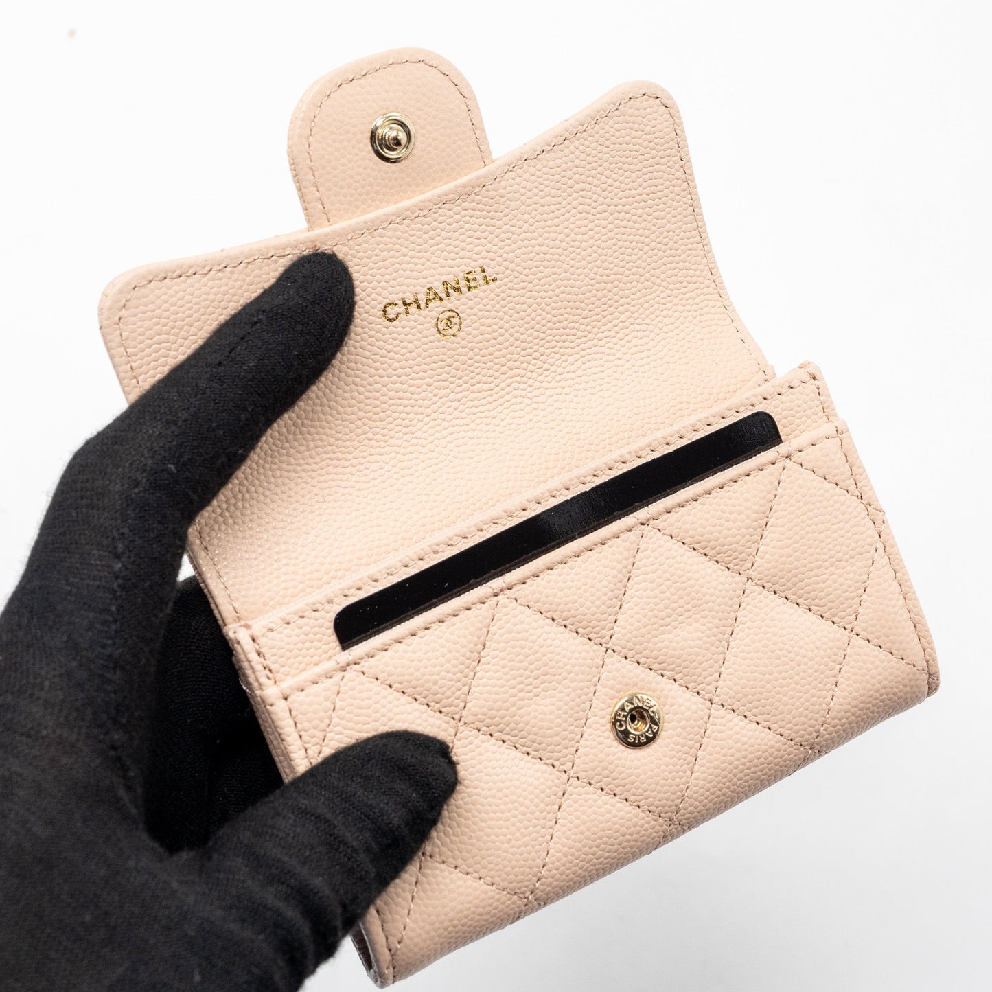 Chanel classic flap card holder caviar light beige LGHW