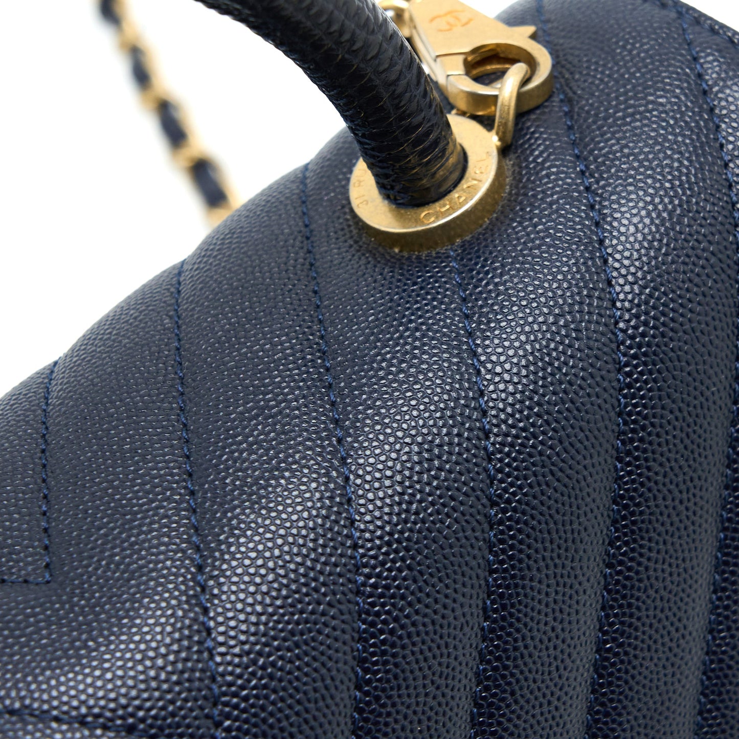 Chanel Medium Chevron Coco Handle Bag Caviar with Lizard Handle Navy Brushed GHW
