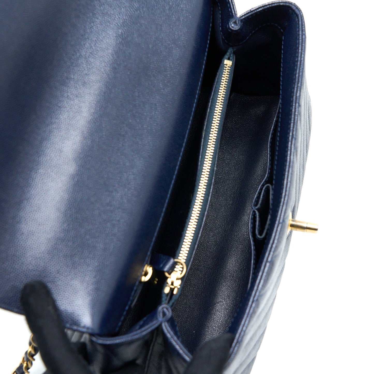 Chanel Medium Chevron Coco Handle Bag Caviar with Lizard Handle Navy Brushed GHW