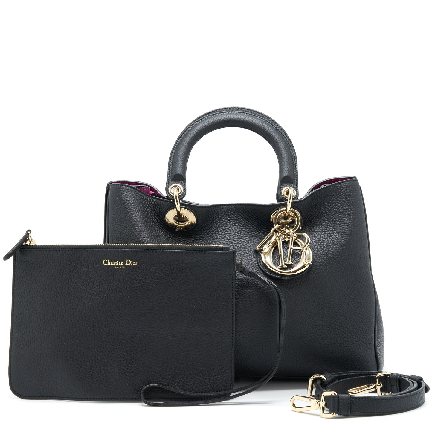 Luxury Dior Luxury Diorissimo Grained Leather Black/ Fushia GHW