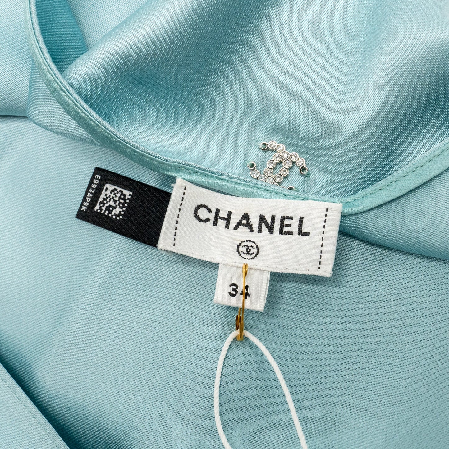Chanel Size 34 23P Satin Midi Dress Silk Turquoise Blue