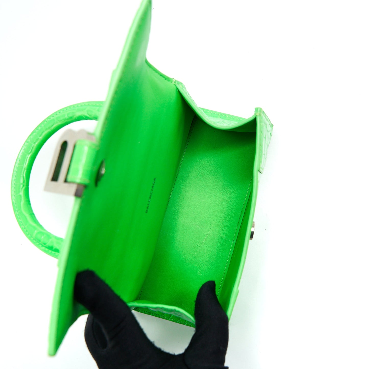 Balenciaga Hourglass XS Croc Embossed Calfskin Green SHW