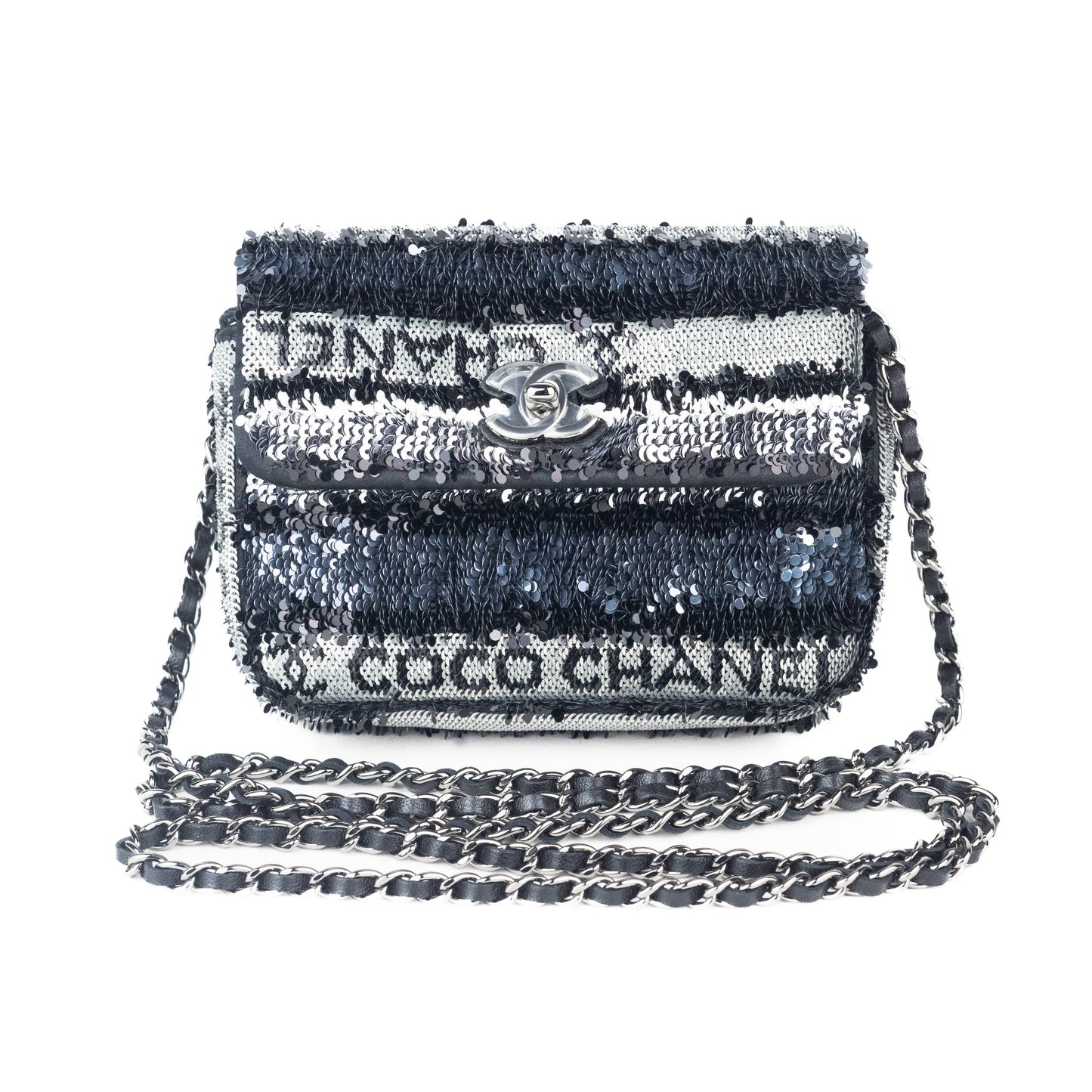 Chanel Mini bag with Chain in Black White and Silver Sequin