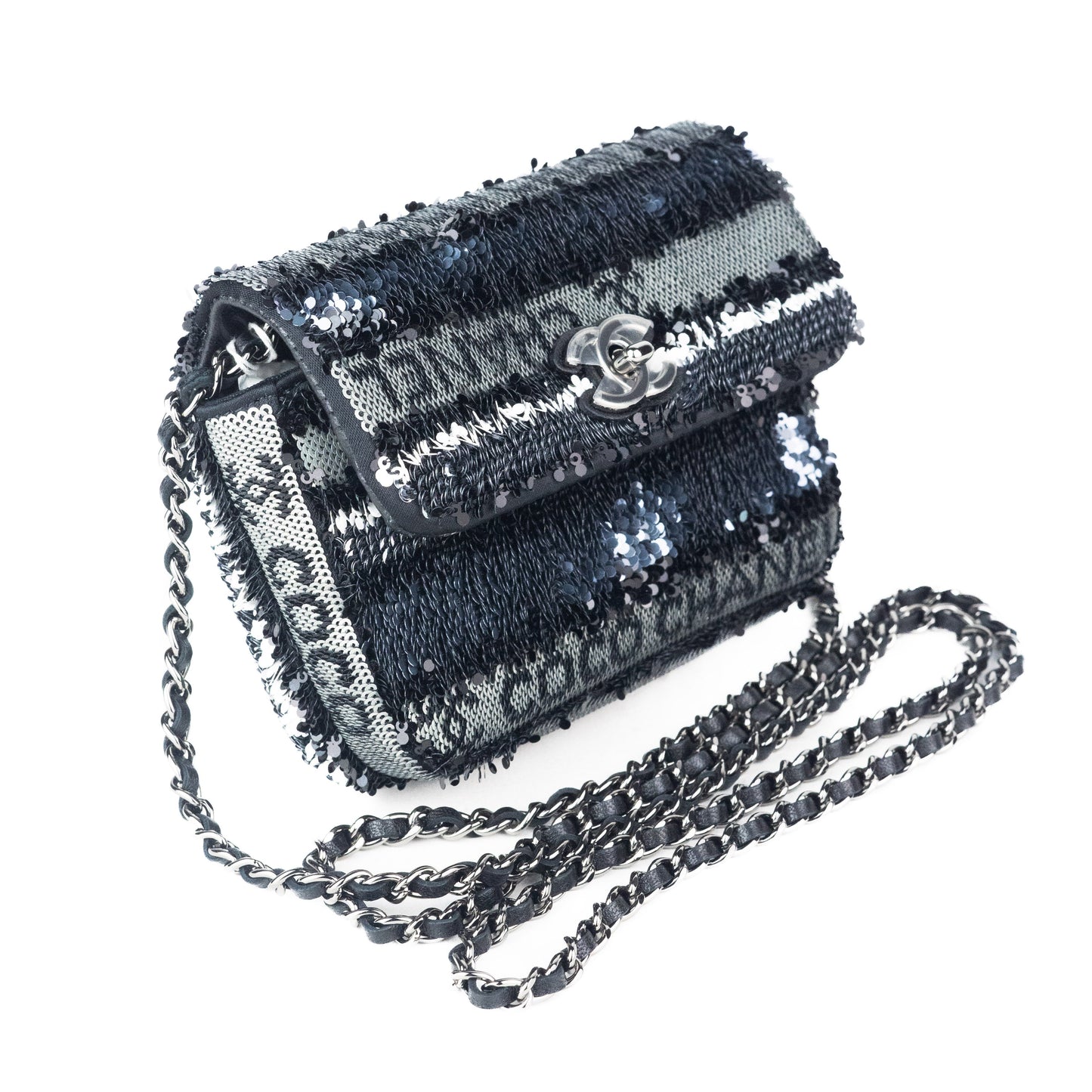 Chanel Mini bag with Chain in Black White and Silver Sequin