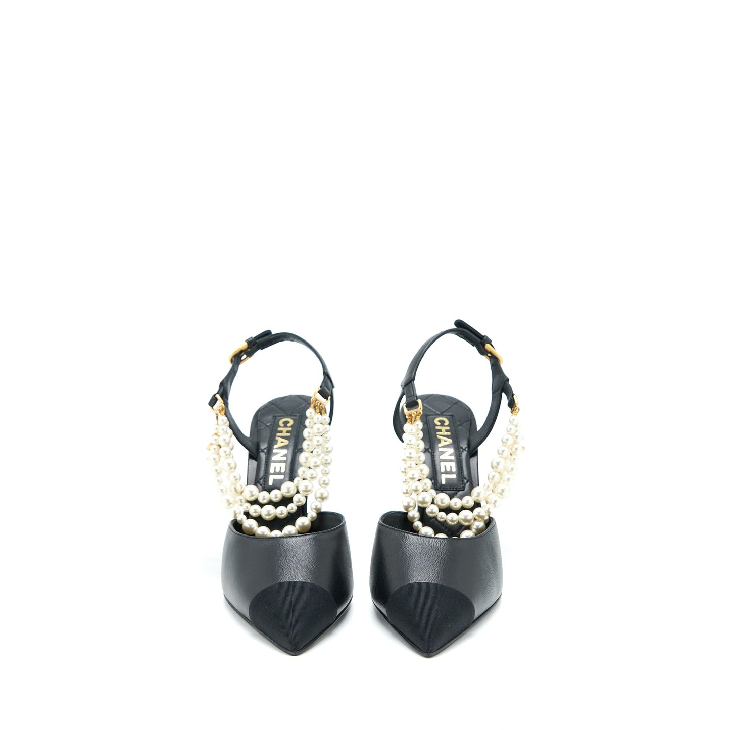 Chanel Size 39 Heel with Pearl Leather/Fabric Black GHW