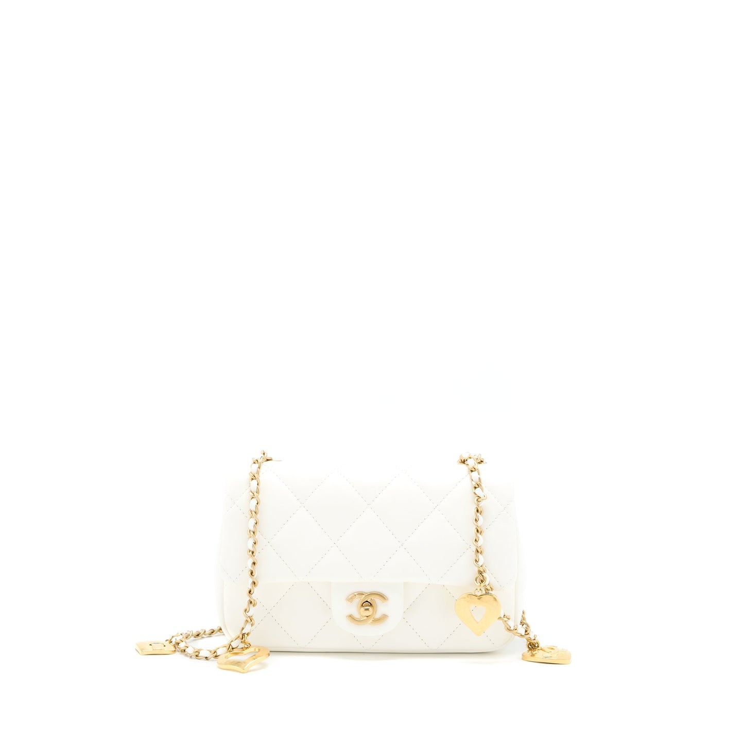 Chanel Quilted Flap Bag With Heart Charm Chain Lambskin White GHW(Microchip)