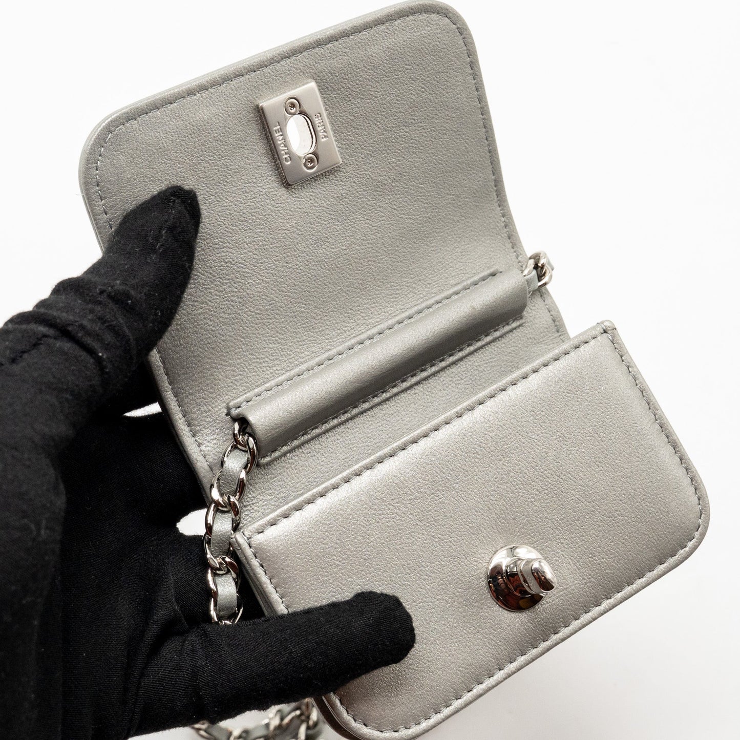 Chanel 22A Mini Studded Chain Belt Bag with Crystal Metallic Lambskin Silver SHW (Microchip)