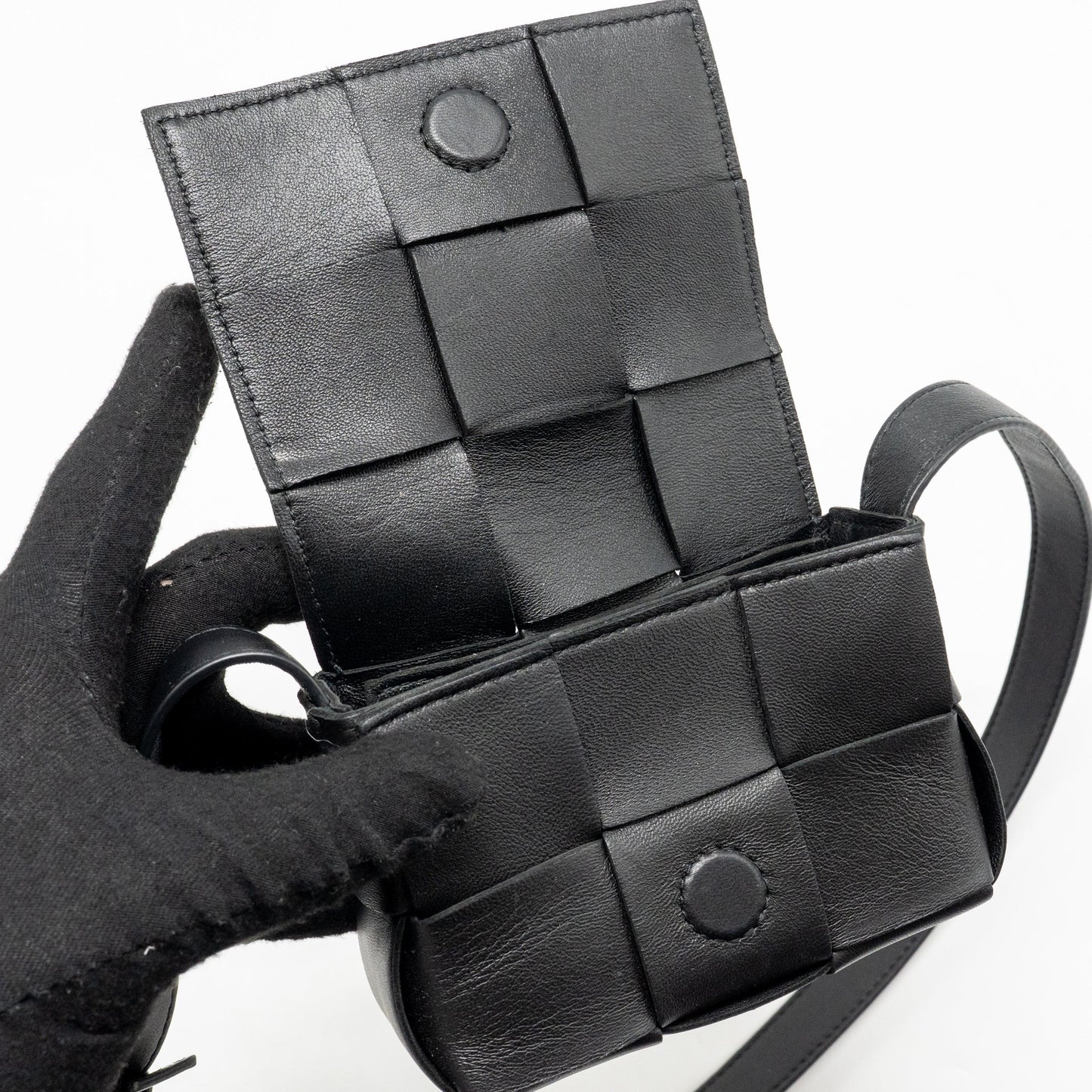 Bottega Veneta Intreccio Cassette Mini Bag Lambskin Black GHW