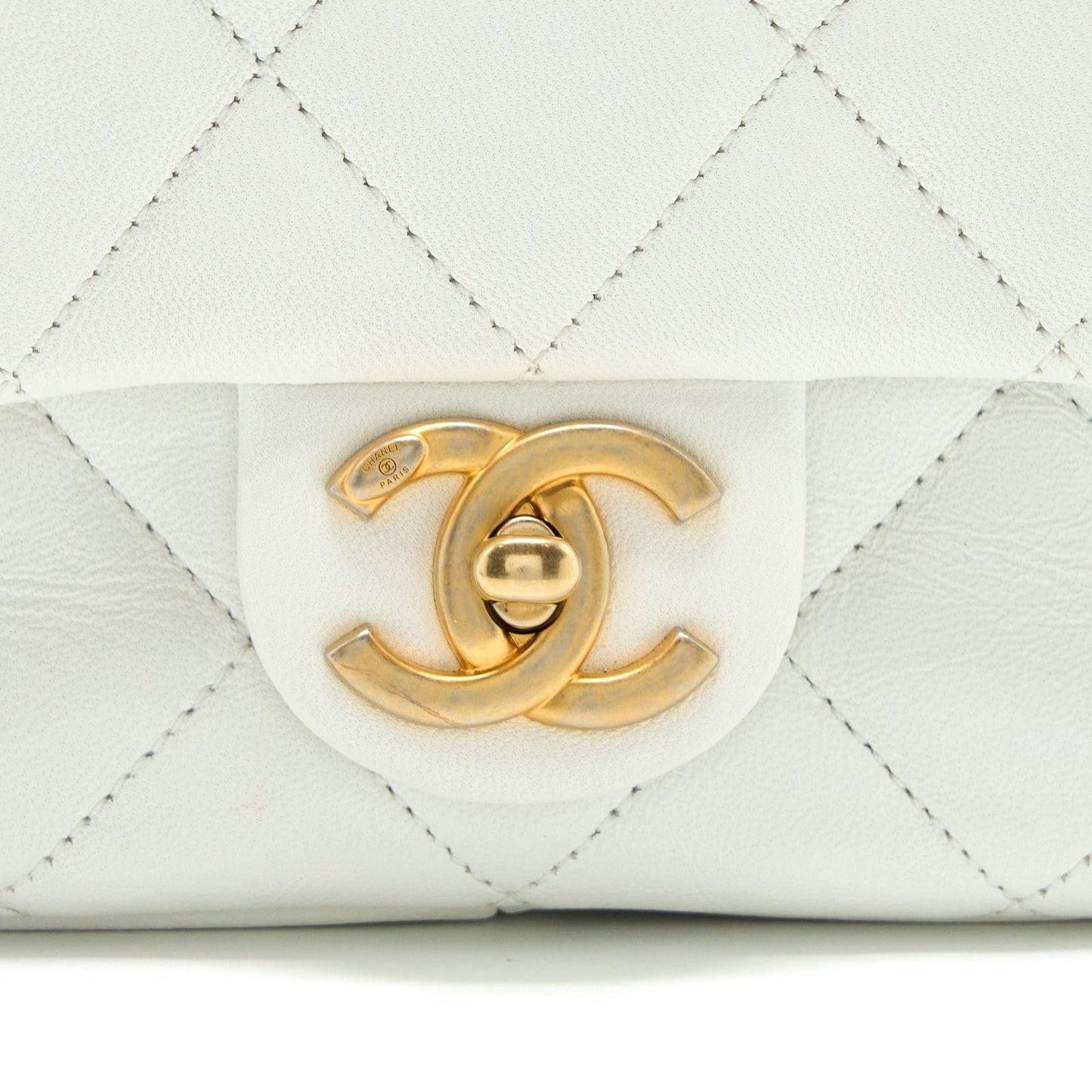 Chanel Circular Handle Quilted Flap Bag Lambskin White Brushed GHW