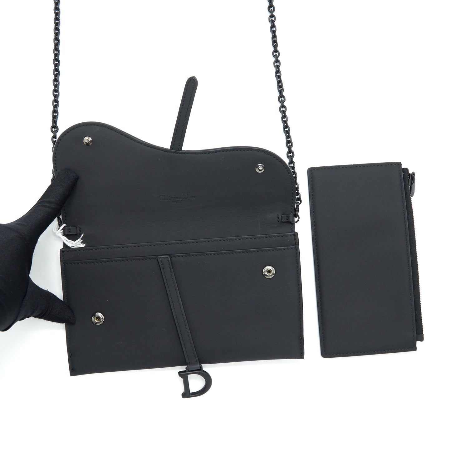 Luxury Dior Saddle Wallet with chain Calfskin So Black