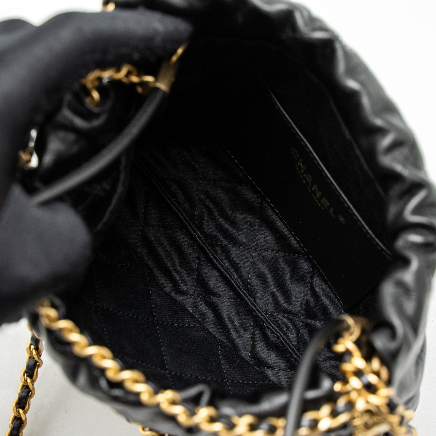 Chanel 23S Mini 22 Bag with Pearl Shiny Calfskin Black Brushed GHW (Microchip)
