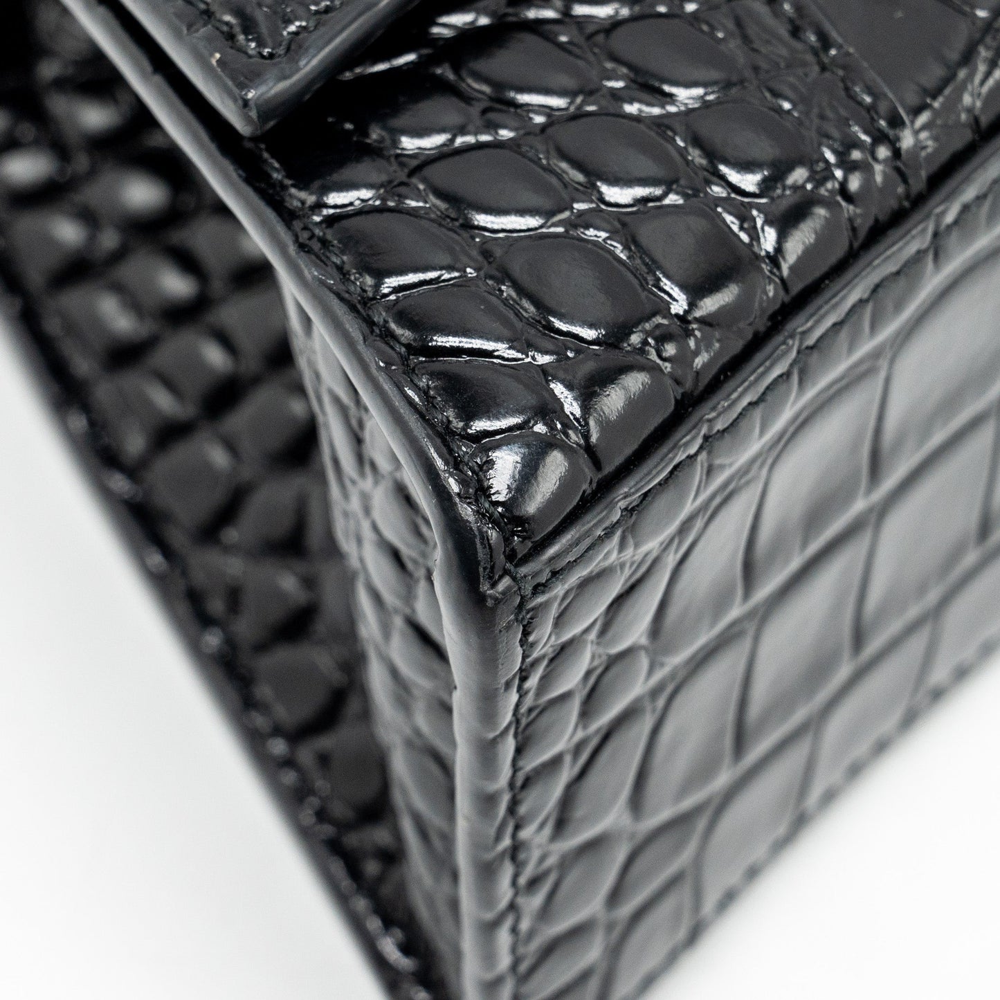 Balenciaga XS Hourglass Croc-embossed Calfskin So Black