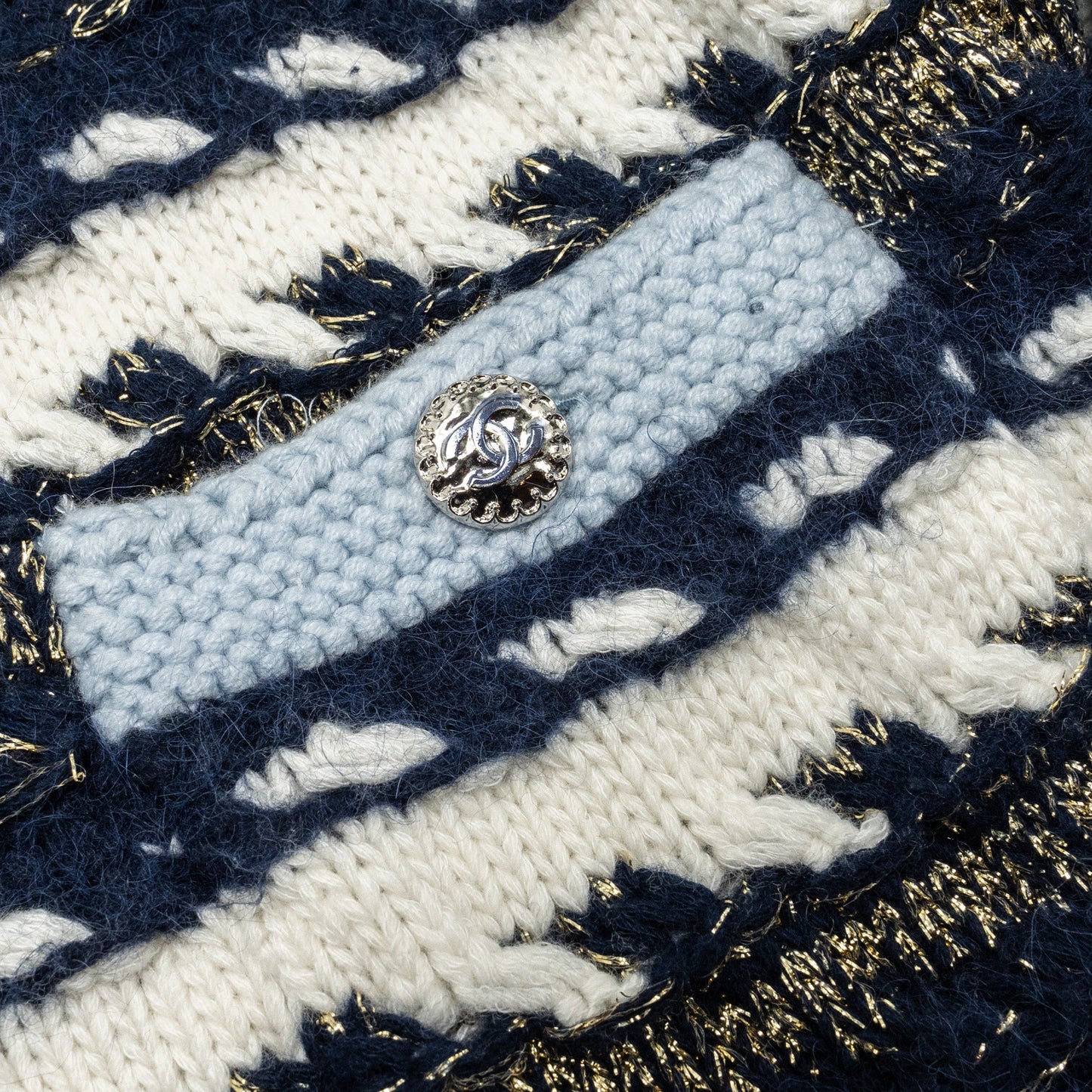 Chanel size 38 22B cardigan cashmere/ cotton / wool multicolour navy/ light blue/ white