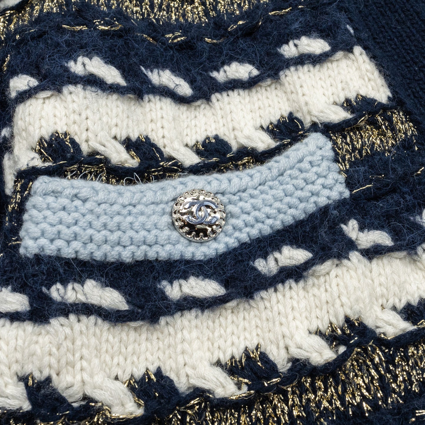 Chanel size 38 22B cardigan cashmere/ cotton / wool multicolour navy/ light blue/ white