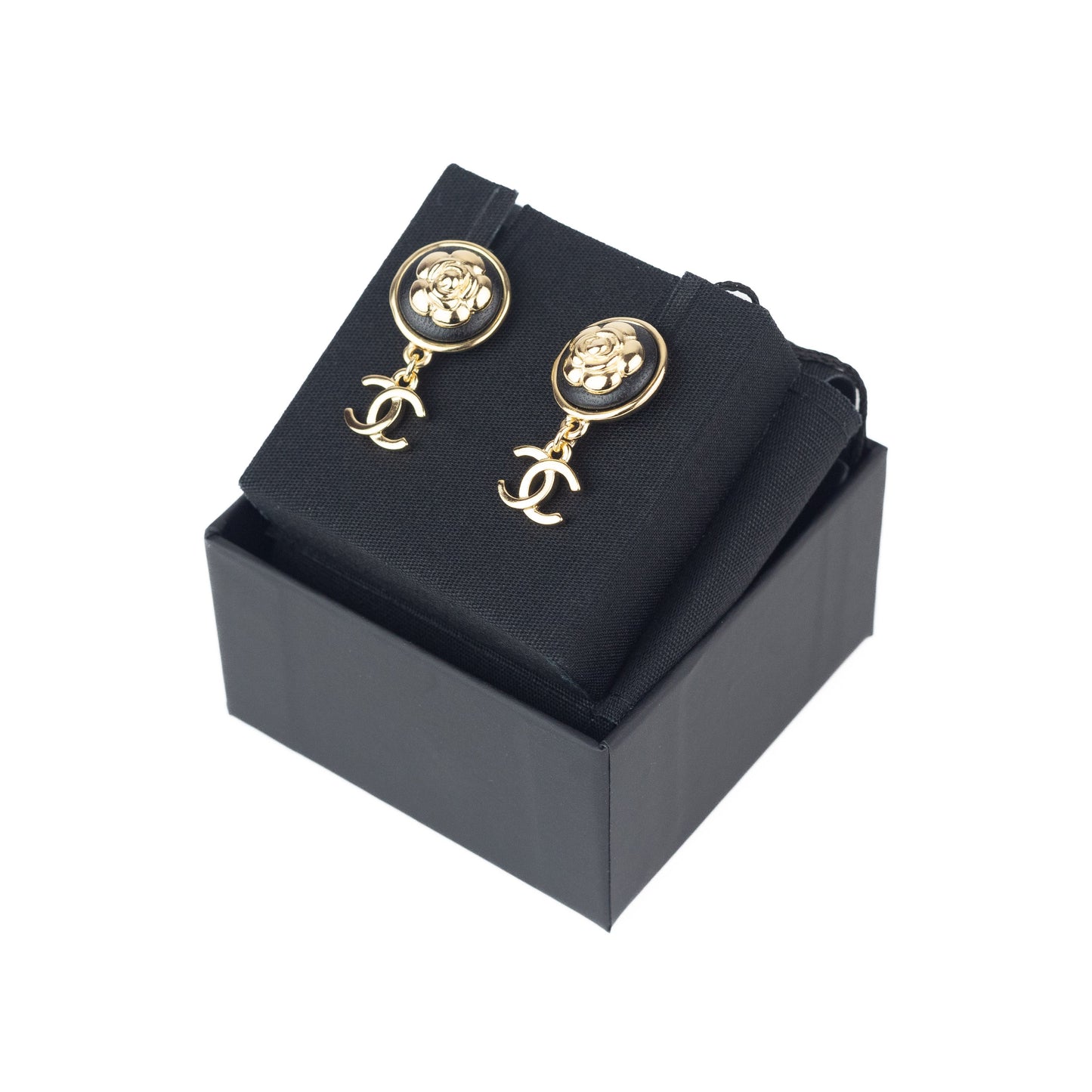 Chanel Black and Gold Flower CC Earrings