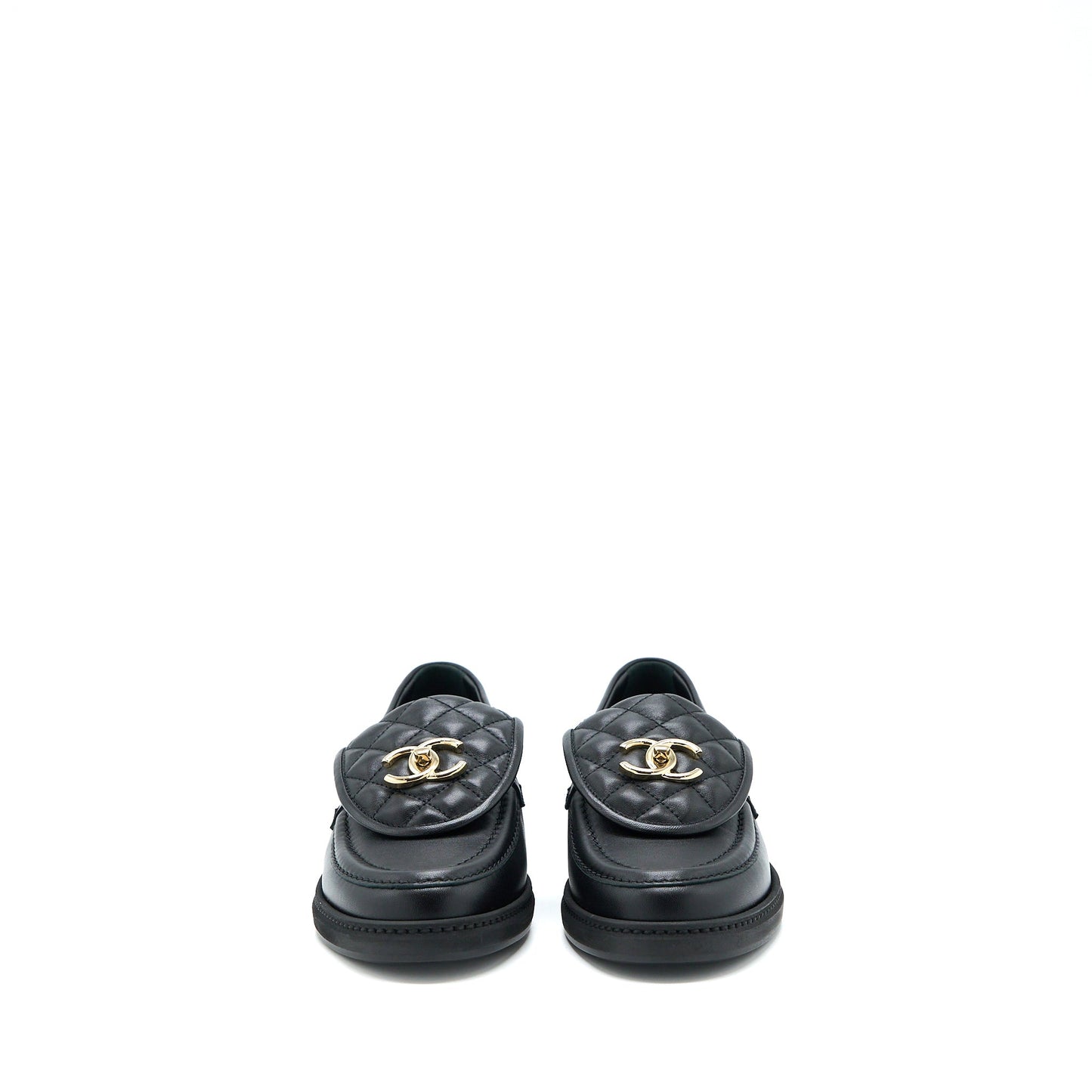 Chanel Size 37.5 Turnlock Loafers Quilted Leather Black LGHW