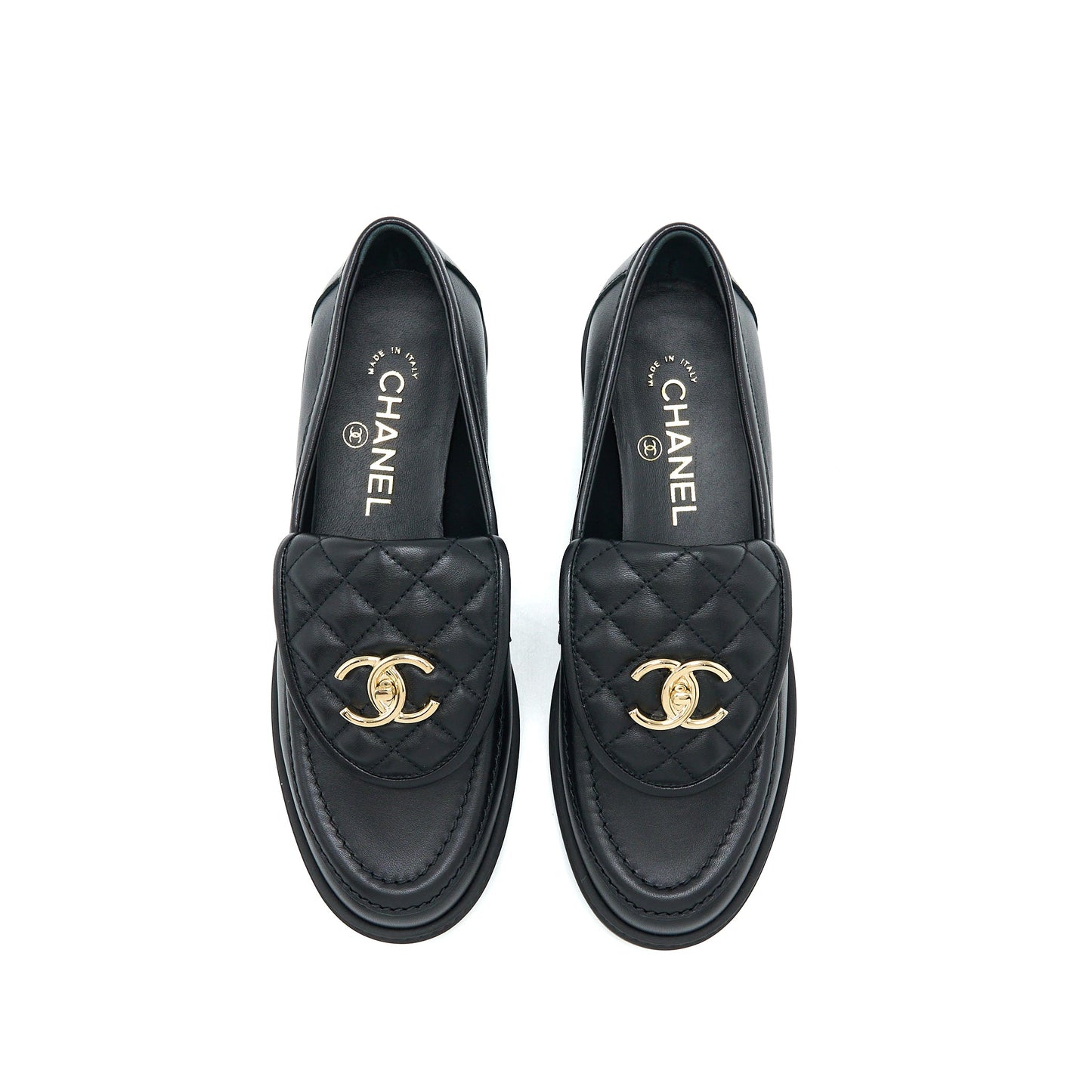 Chanel Size 37.5 Turnlock Loafers Quilted Leather Black LGHW
