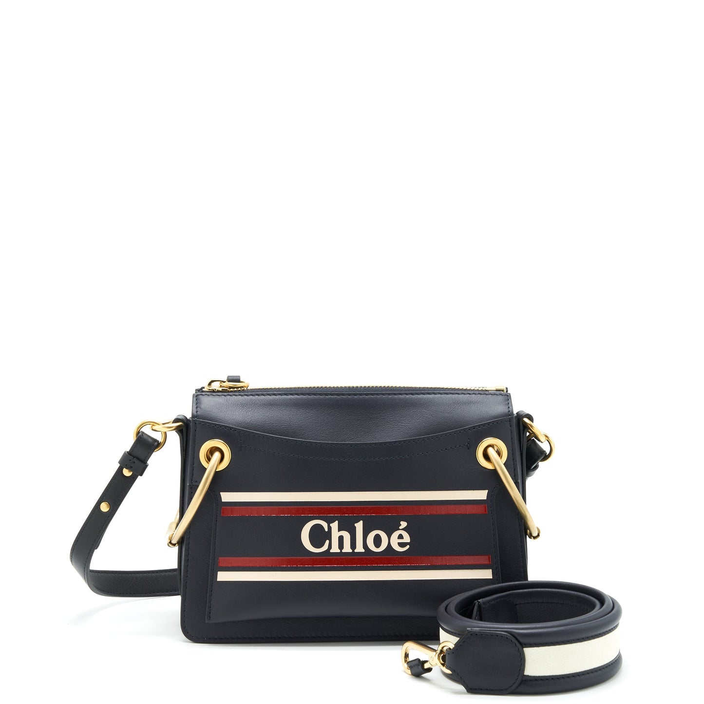 Chloe Logo Print Shoulder Bag Navy GHW