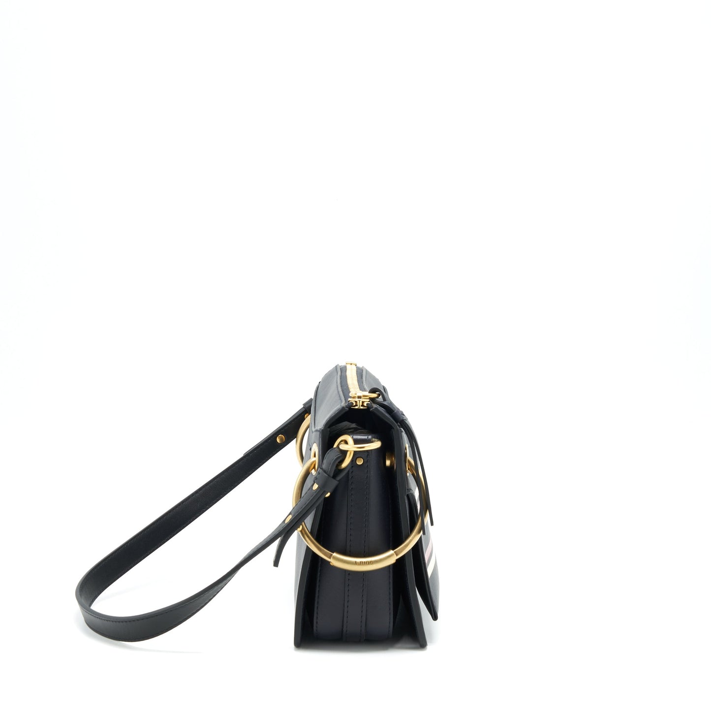 Chloe Logo Print Shoulder Bag Navy GHW