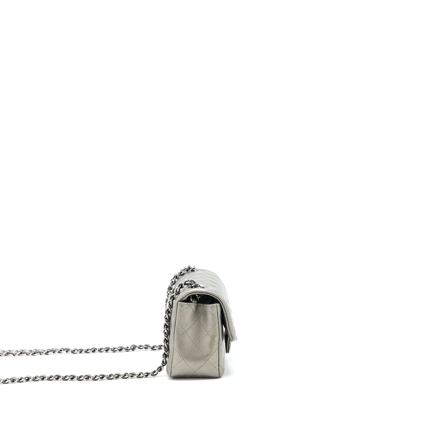 Chanel 21B Mini Rectangular Flap Bag Calfskin Metallic Silver with Shiny Ruthenium Hardware (Microchip)