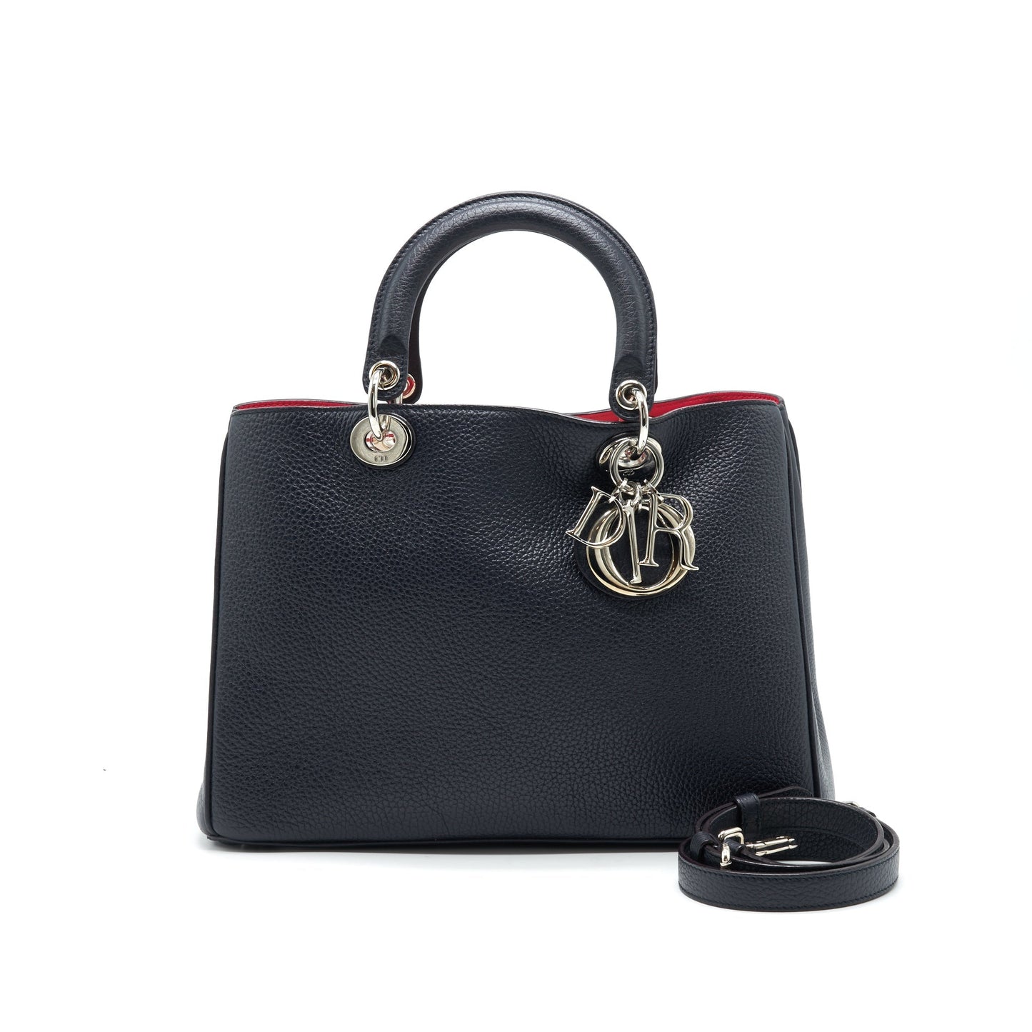 CHRISTIAN Luxury Dior Medium Luxury Diorissimo Tote Bag Black Grained Leather SHW