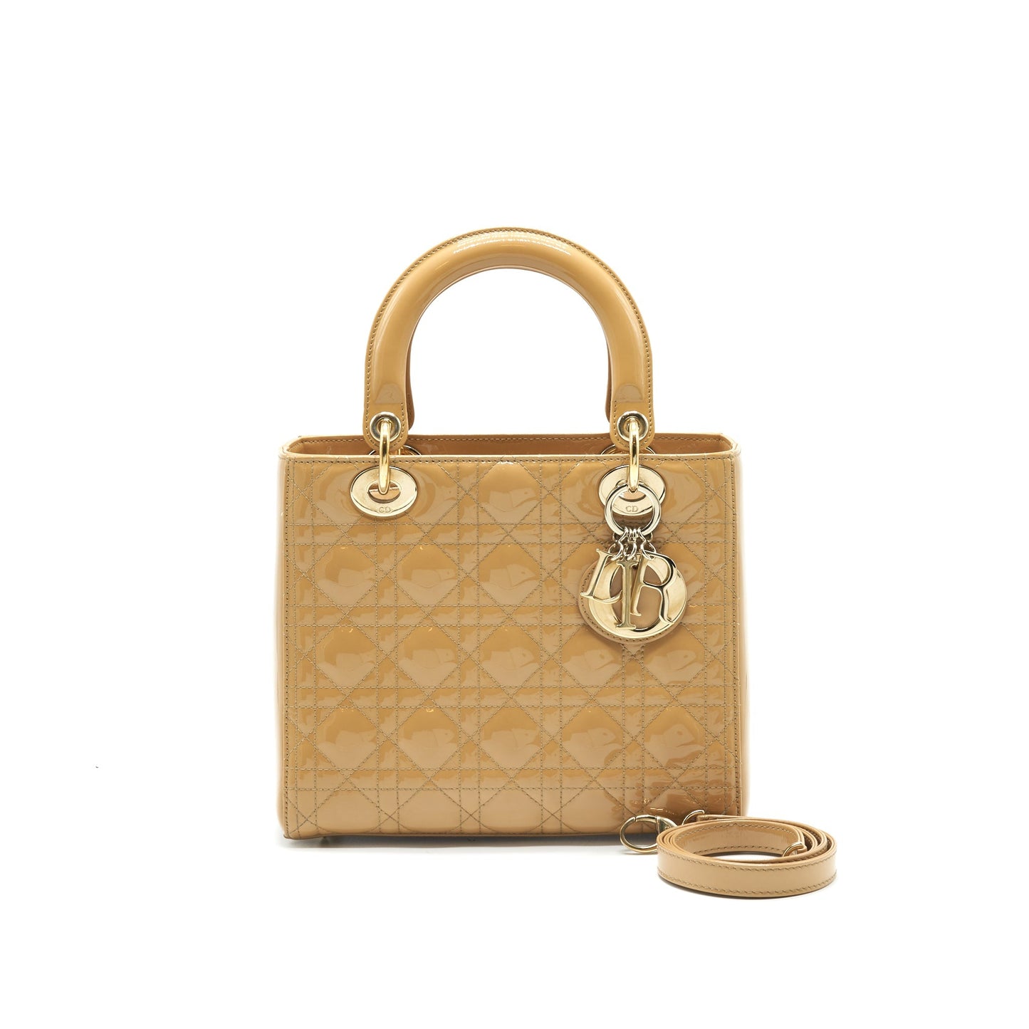 Christian Luxury Dior Medium Lady Luxury Dior Patent Leather Beige GHW