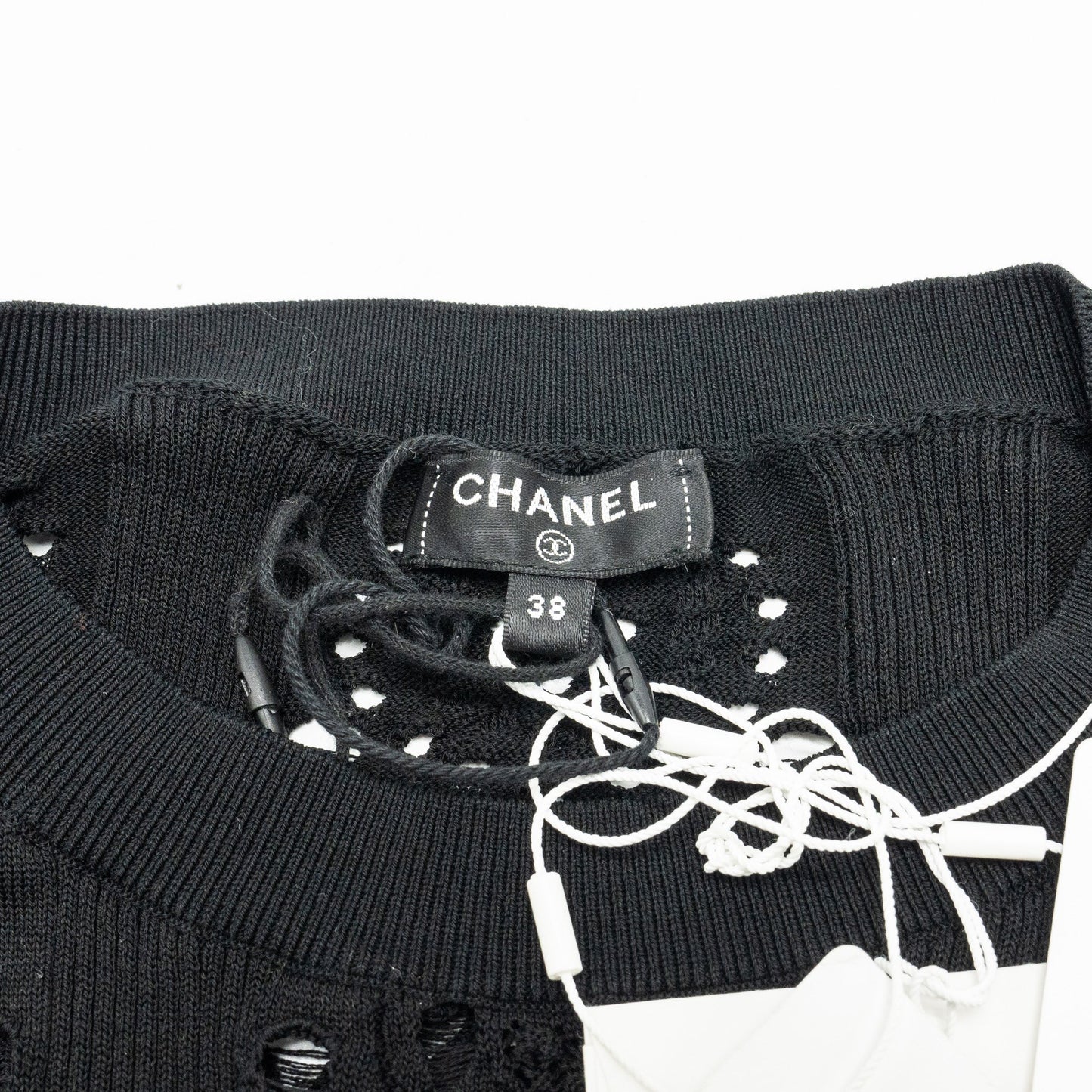 Chanel Size 38 20P Crochet Lace Knit CC Logo Dress Cotton Black