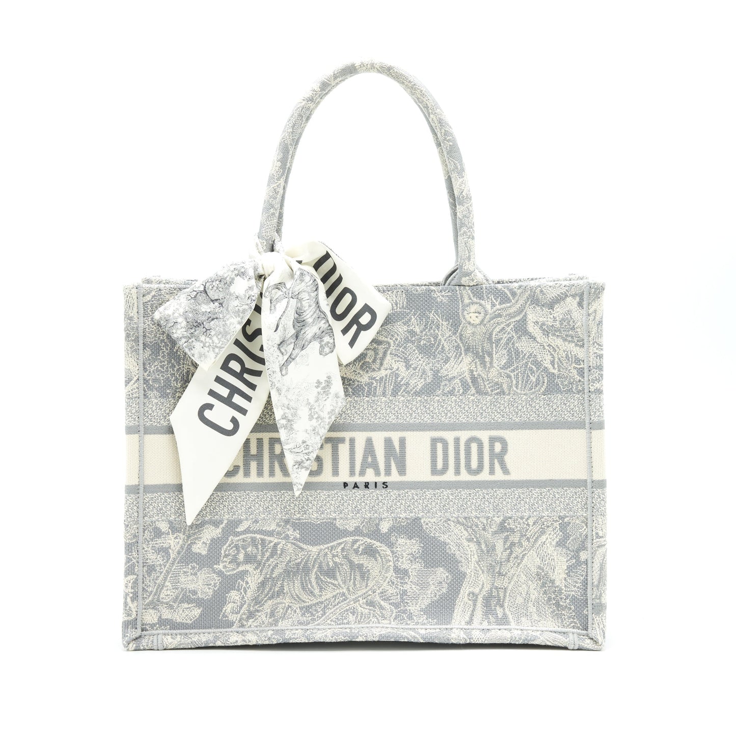 Luxury Dior Small Book Tote Gray Toile de Jouy Reverse Embroidery with an extra Small scarf