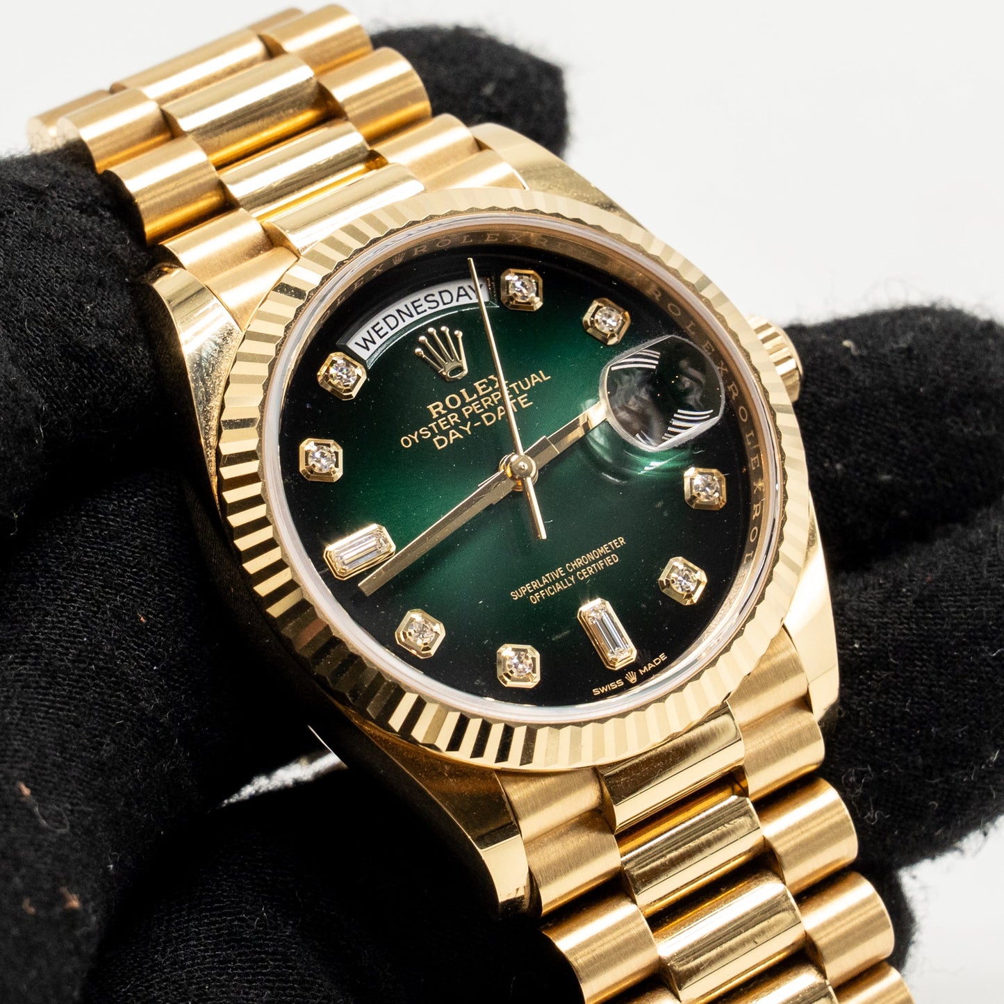 Rolex Day-date 36mm Oyster Perpetual Green Ombré Diamond Set Dial, President bracelet Yellow Gold Model:M128238-0069