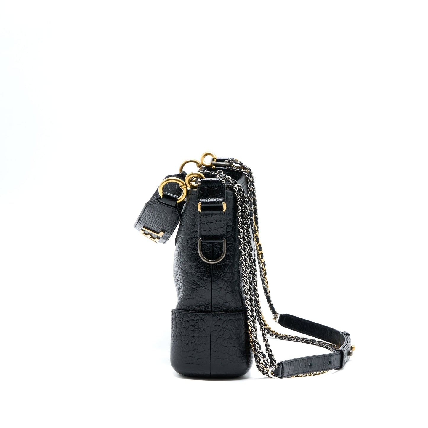 Chanel Large Gabrielle Hobo Bag Croc Embossed Calfskin With Logo Strap Black Multicoloured Hardware