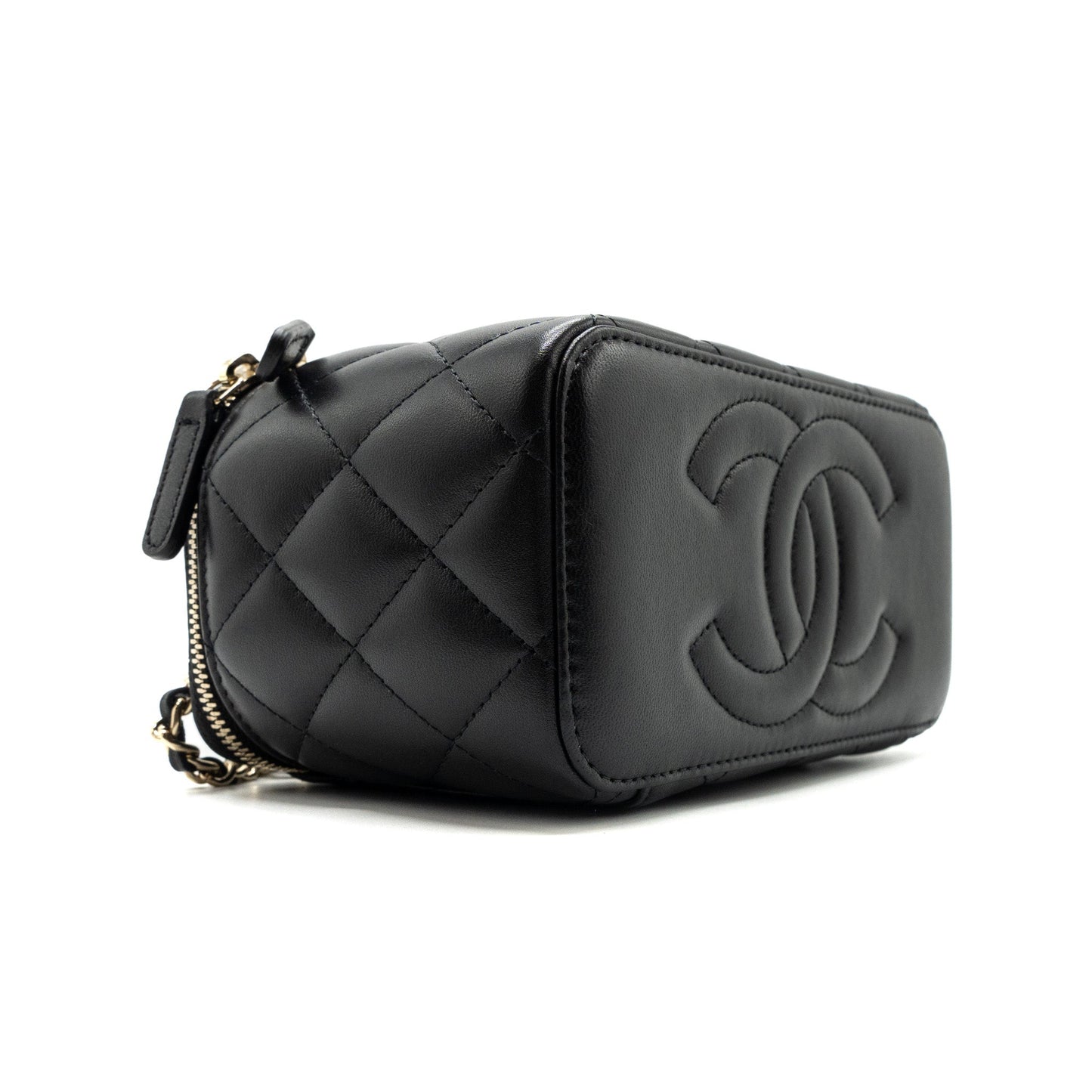 Chanel Top Handle Long Vanity With Chain Lambskin Black LGHW(Microchip)