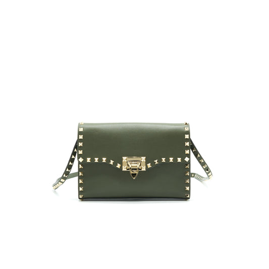 VALENTINO Small Rockstud Calfskin Crossbody Bag Khaki