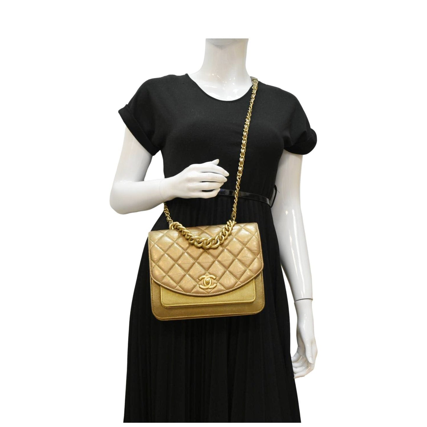 CHANEL Chain Handle Flap Quilted Metallic Calfskin Caviar Crossbody Bag Chrome