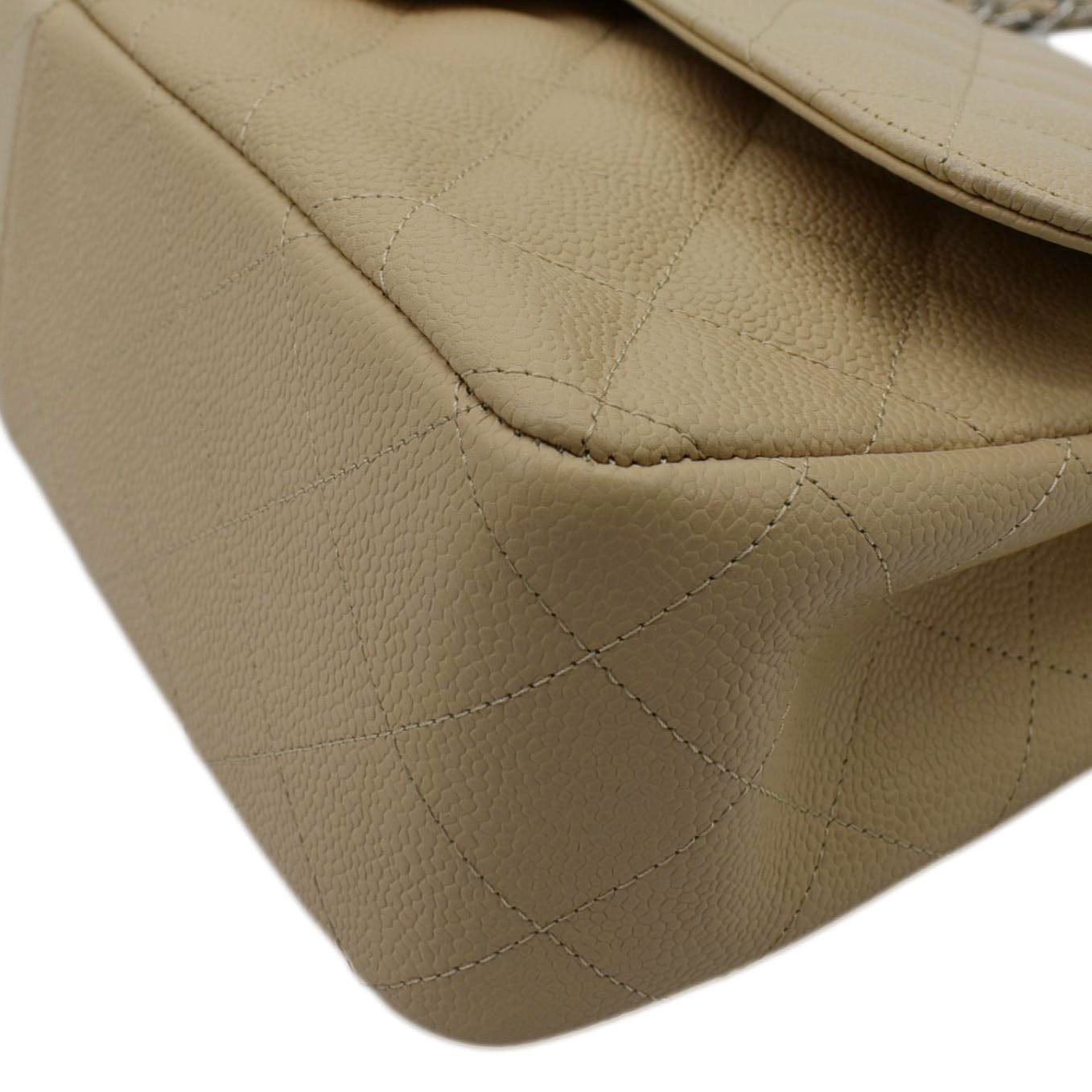 CHANEL Classic Jumbo Double Flap Quilted Caviar Leather Shoulder Bag Cream