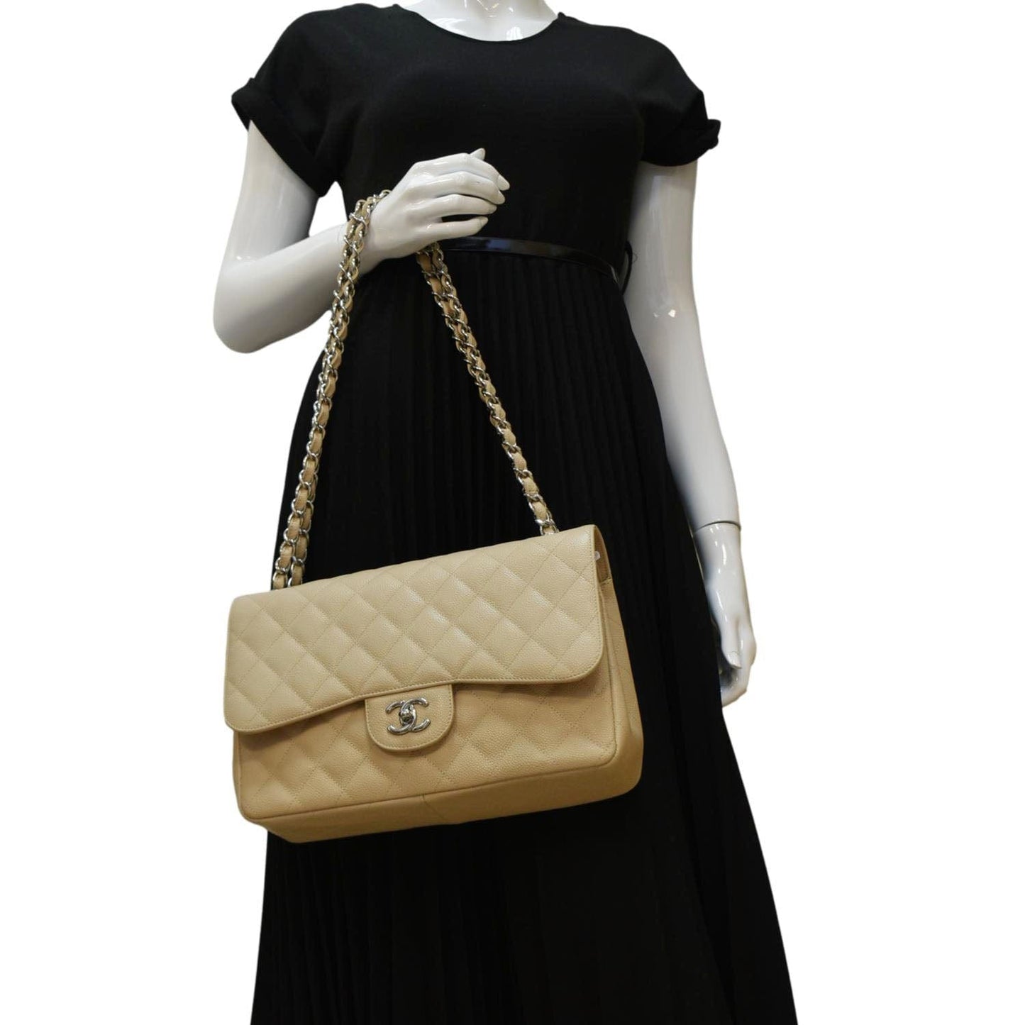 CHANEL Classic Jumbo Double Flap Quilted Caviar Leather Shoulder Bag Cream
