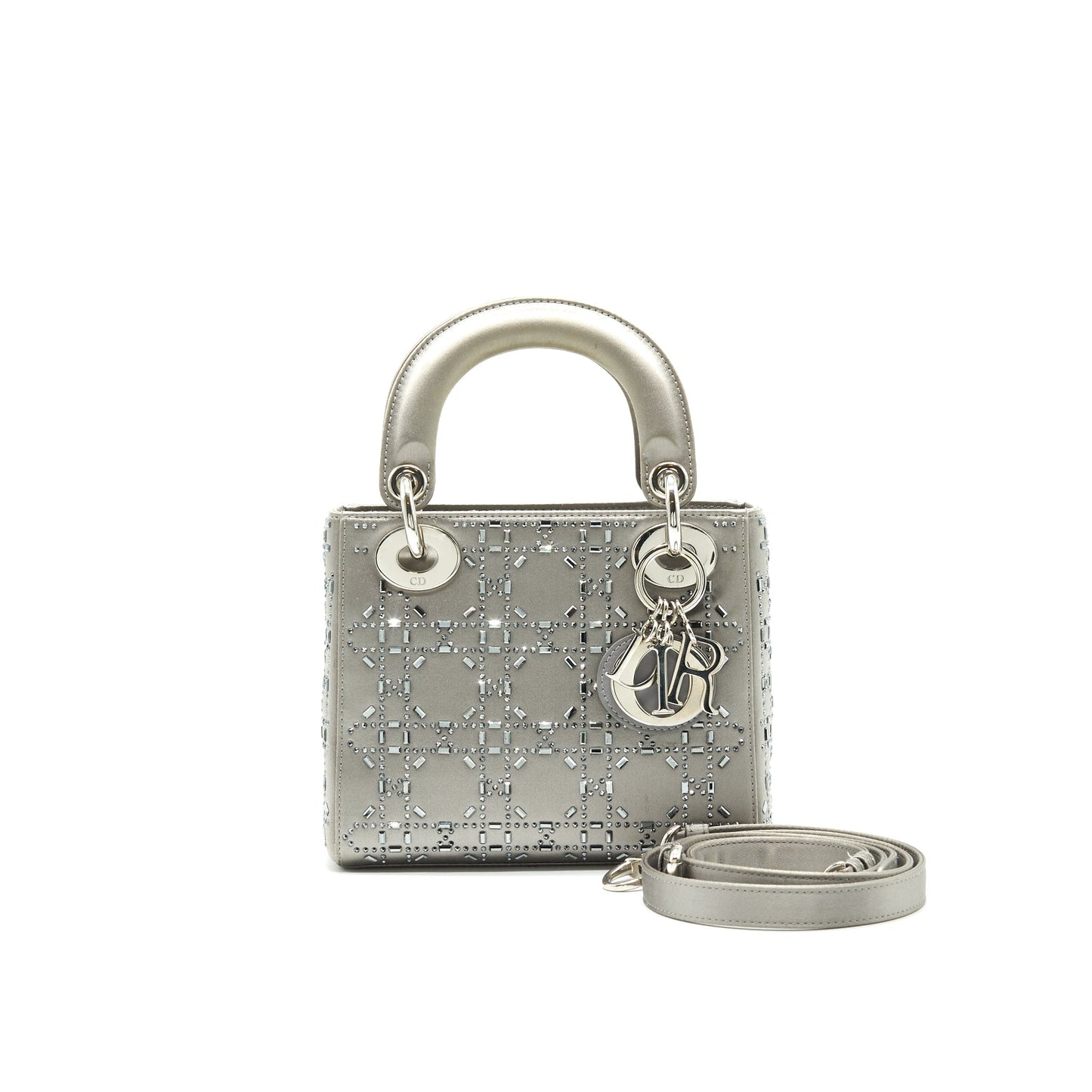 CHRISTIAN Luxury Dior Satin Crystal Cannage Mini Lady Luxury Dior Gray