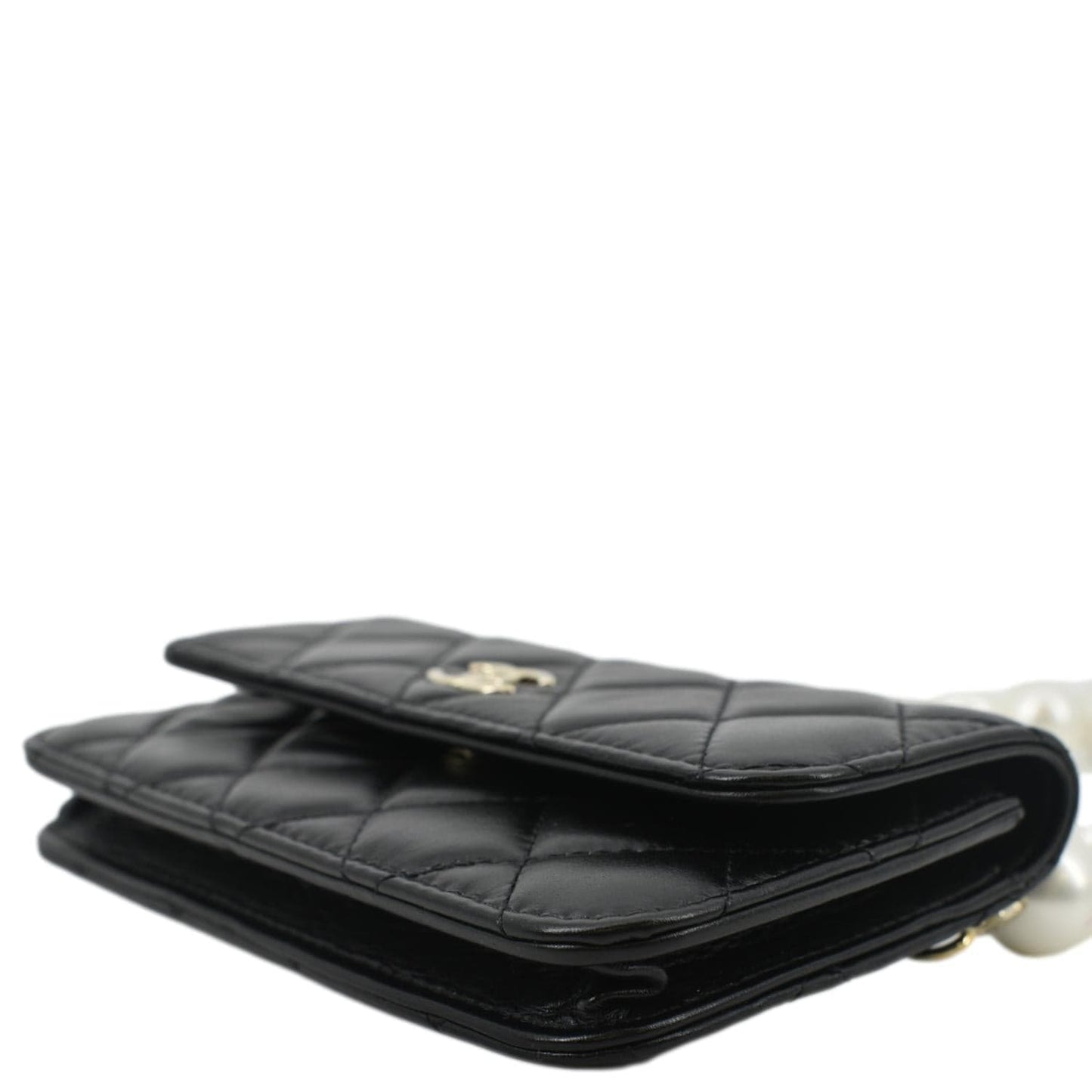CHANEL Pearl Strap CC Mini Quilted Leather Wallet on Chain Shoulder Bag Black