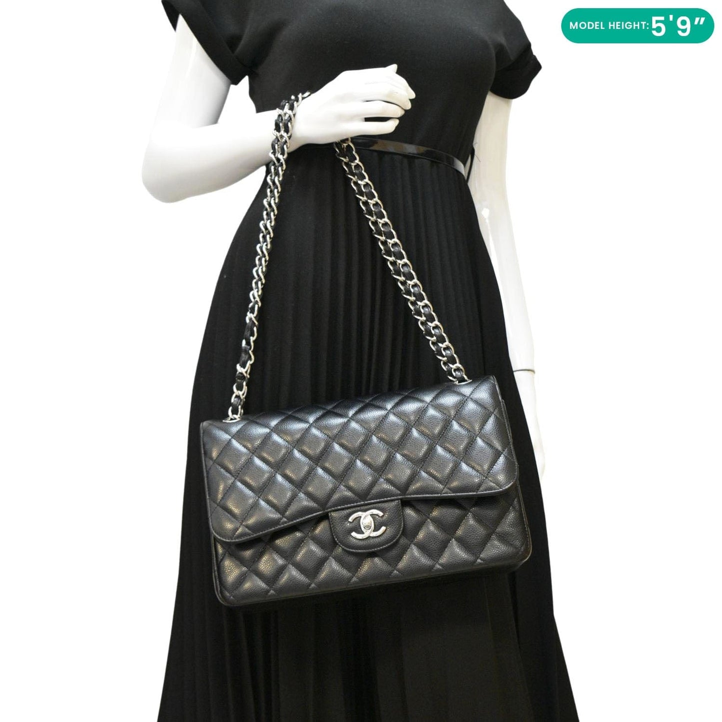CHANEL Jumbo Double Flap Quilted Caviar Leather Shoulder Bag Black
