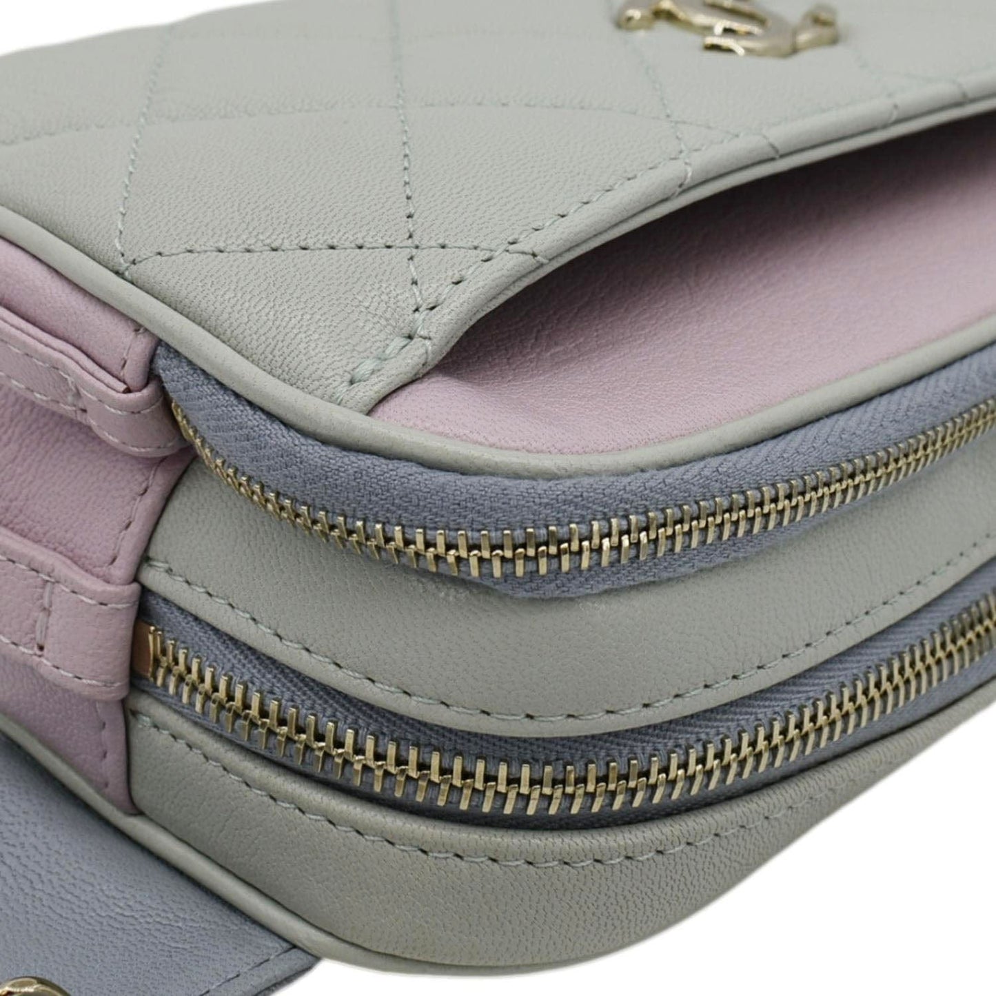 CHANEL CC Double Zip Quilted Leather Tri-Color Belt Bag Pink