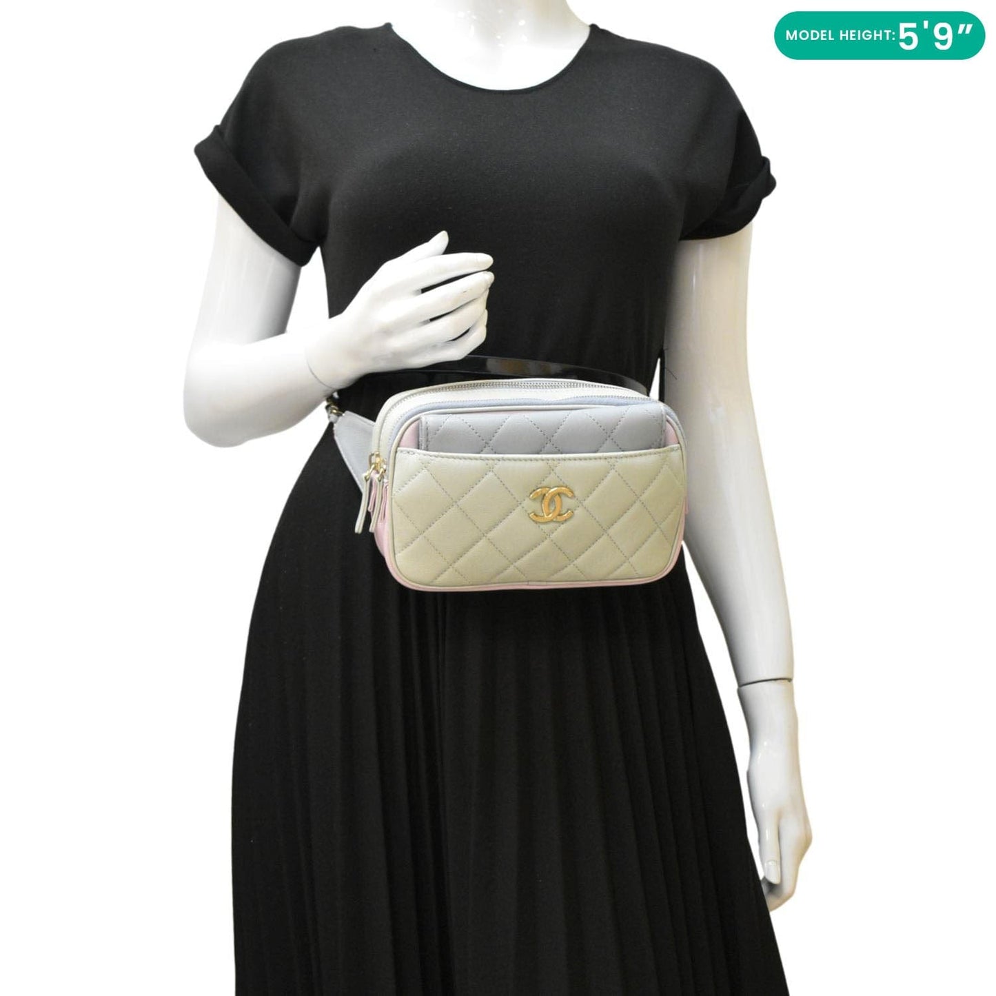CHANEL CC Double Zip Quilted Leather Tri-Color Belt Bag Pink