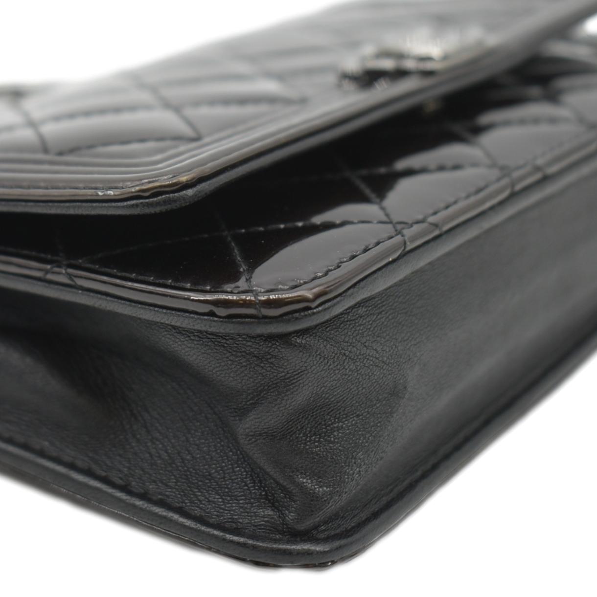 CHANEL Boy WOC Quilted Patent Leather Wallet On Chain Shoulder Bag Black